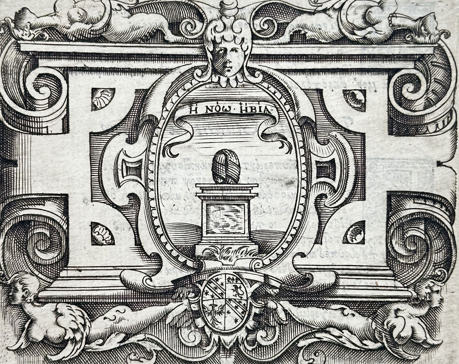 Girolamo Ruscelli (1500–1566) – Iacomo Zabarella Emblem and Biography – Engraving (1566): "Il conte Iacomo Zabarella" describes the coat of arms featuring a stone pedestal supporting an orb or bust, surrounded by ornate decorative scrollwork and figures. This engraving originates from the