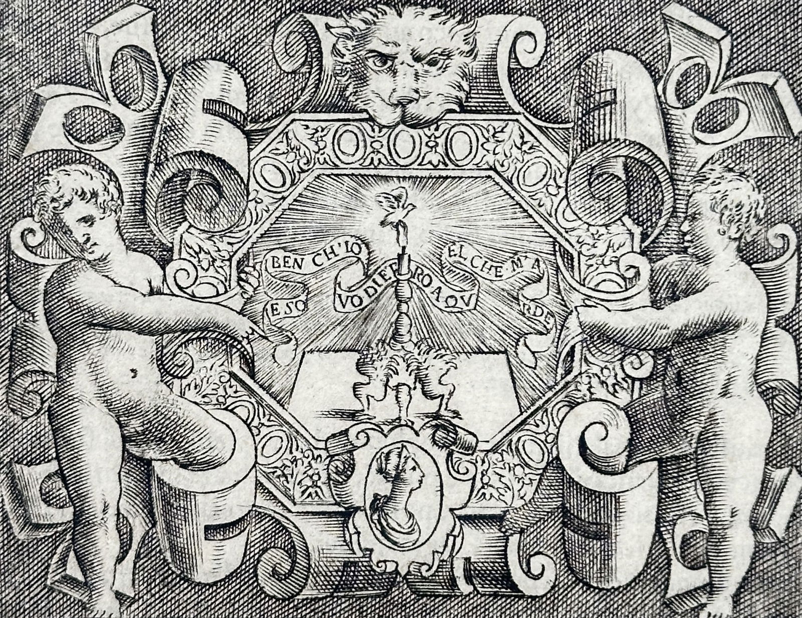 Girolamo Ruscelli (1500–1566) – Giovan Battista Palatino Emblem and Biography – Engraving: "GIOVAN BATTISTA PALATINO" depicts a coat of arms featuring two cherubs flanking a central emblem, framed by ornate decorative scrollwork. This engraving originates from the work Le Imprese Illustri,