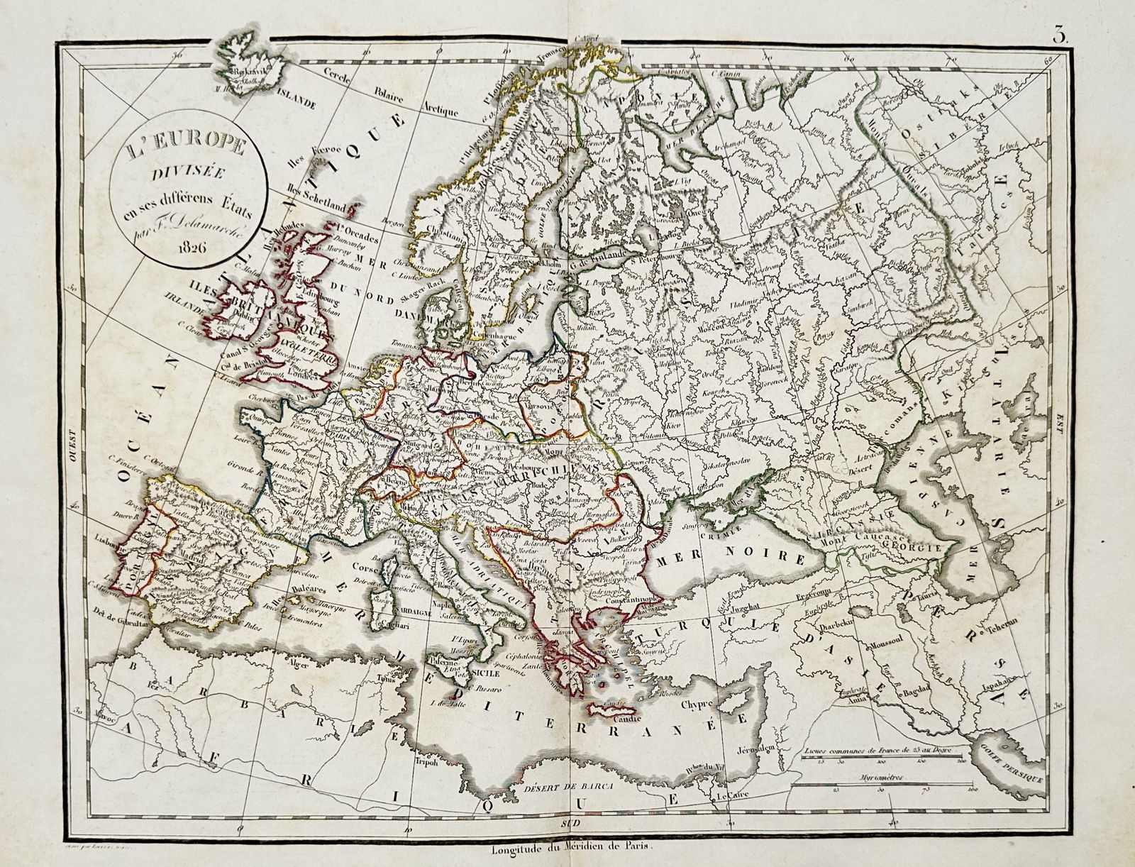 Felix Delamarche (1780-1845) – Map of Europe – Europe – Engraving (1826): L'Europe divisée en ses différens États depicts the political boundaries and territorial divisions of the European continent during the early 19th century. This map illustrates the geography of the