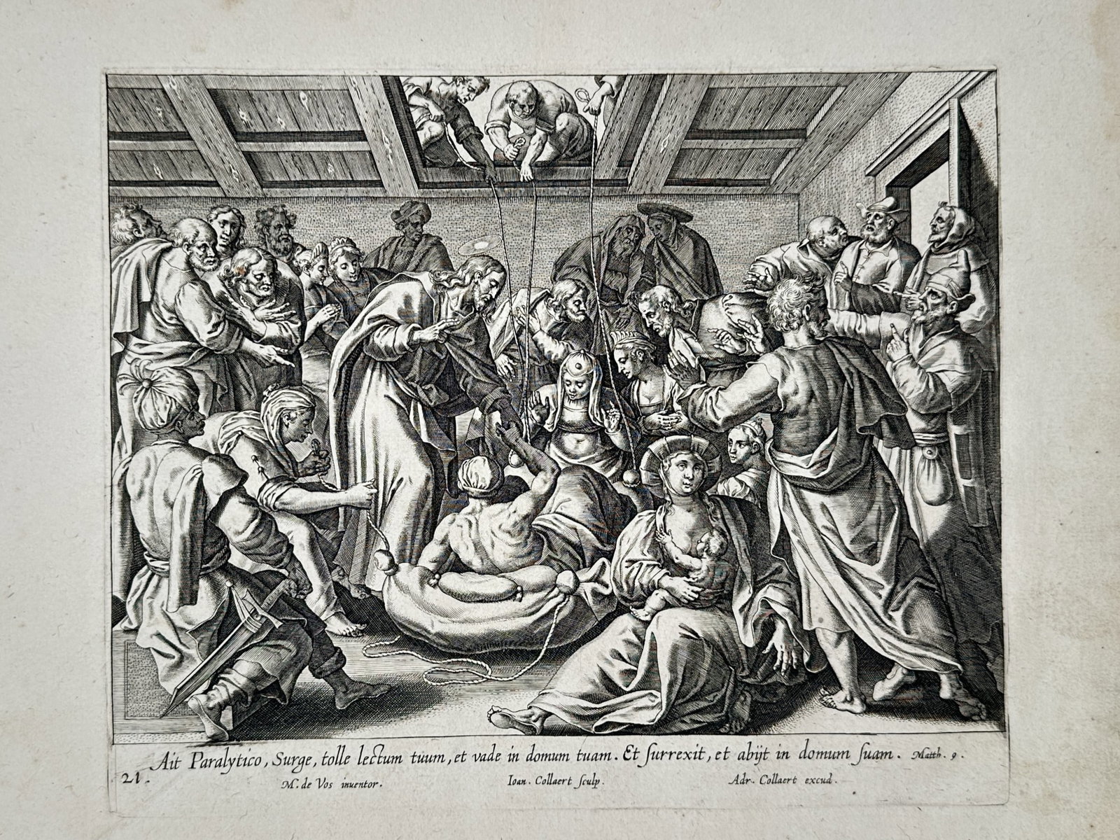 Adriaen Collaert (c. 1560–1618) – The Healing of the Paralytic – Engraving (17th Century): "Ait Paralytico, Surge, tolle lectum tuum, et vade in domum tuam. Et surrexit, et abiit in domum suam." depicts the biblical narrative of Jesus healing a paralytic, who is being lowered through the ro
