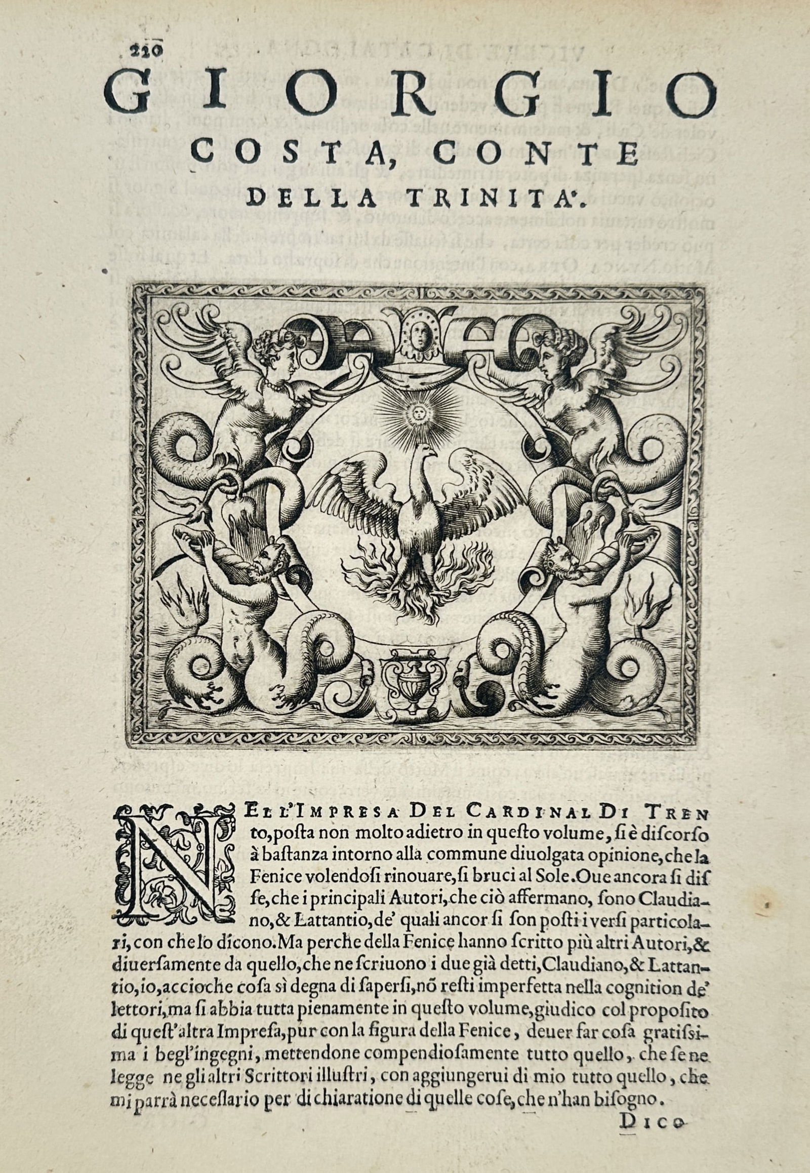 Girolamo Ruscelli (1500–1566) – Phoenix Emblem for Giorgio Costa – Engraving (1566): "Giorgio Costa Conte della Trinita" features a central emblem of a phoenix rising from flames, positioned beneath a radiant sun within a circular cartouche. The elaborate Renaissance border consists o
