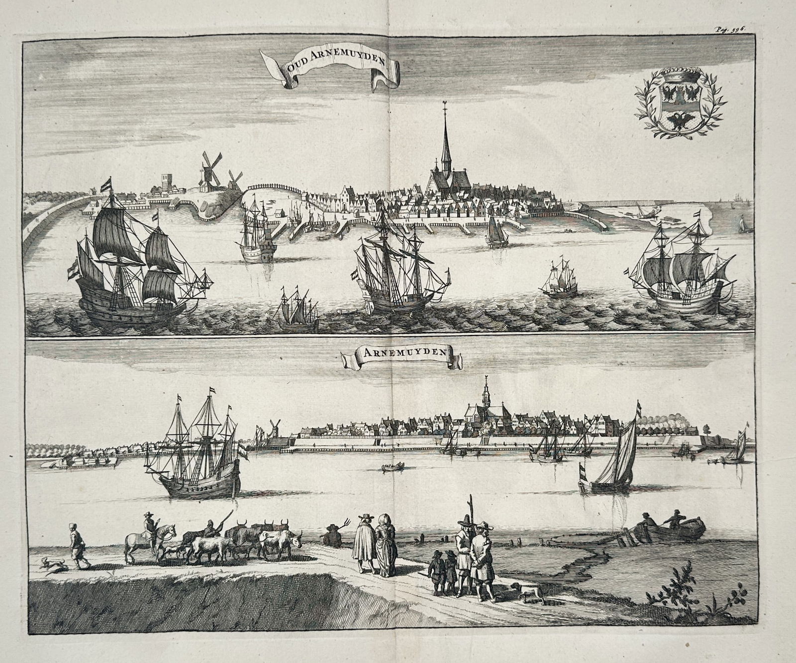 Matthäus Smallegange (1624–1710) – Topographical Views of Arnemuiden Port – Engraving: "Oud Arnemuyden and Arnemuyden" presents two topographical views of the Dutch port town, with the upper portion showing the historical harbor filled with sailing vessels and a windmill on the left ban