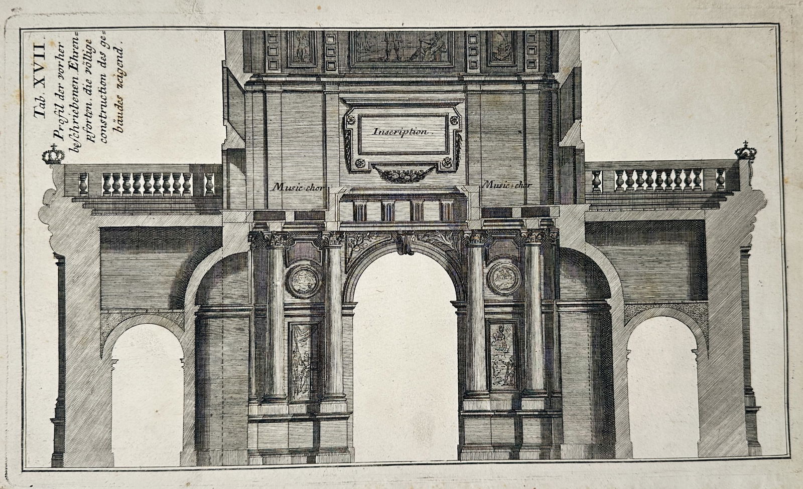 Nikolaus Goldmann (1611–1665) – Sectional Profile of a Triumphal Arch – Engraving: "Profil der vorher beschriebenen Ehrenpforten" provides a detailed sectional view and structural profile of the triumphal arch previously illustrated in the series. The engraving reveals the internal