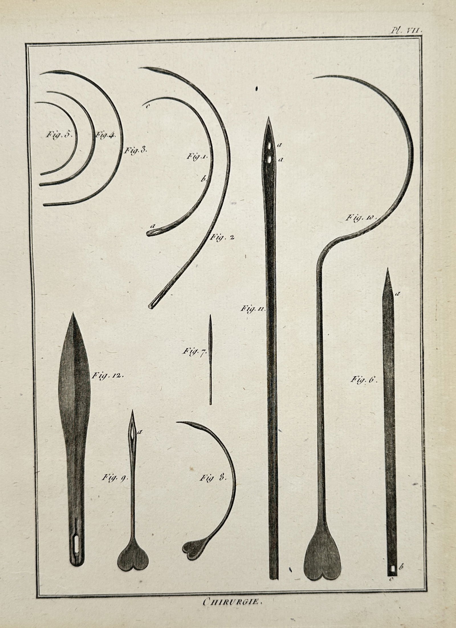 Robert Benard (1734–1777) – Various Surgical Needles and Lancets – Engraving (1762): "Chirurgie" presents a technical display of twelve medical instruments used for suturing and incisions in the eighteenth century. The plate includes various curved surgical needles of different sizes,