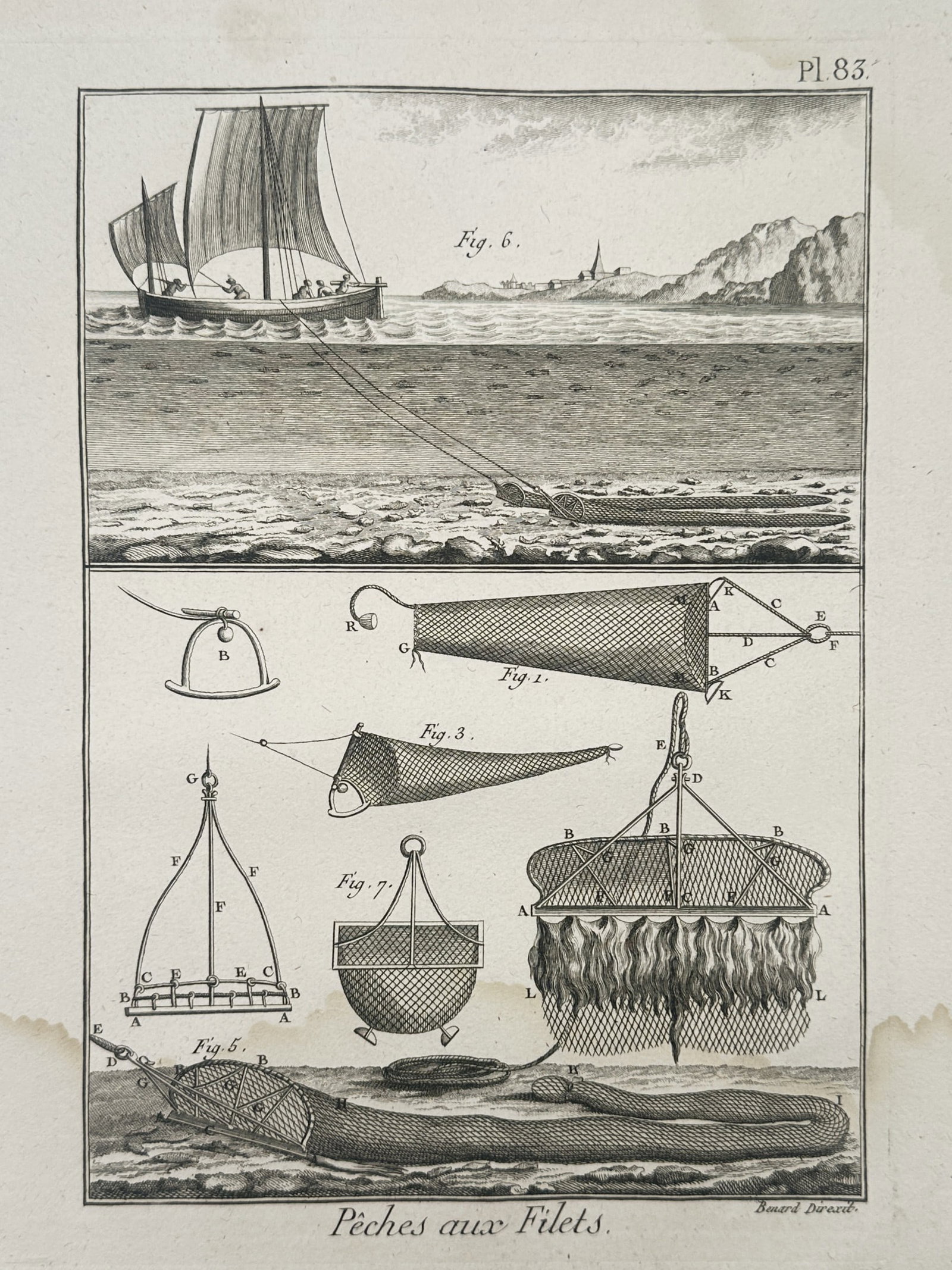 Robert Benard (1734–1777) – Various Specialized Fishing Nets and Trawling Techniques: "Pêches aux Filets" illustrates several mechanical designs and practical applications for maritime net fishing in the eighteenth century. The top section features a two-masted sailing vessel dragging