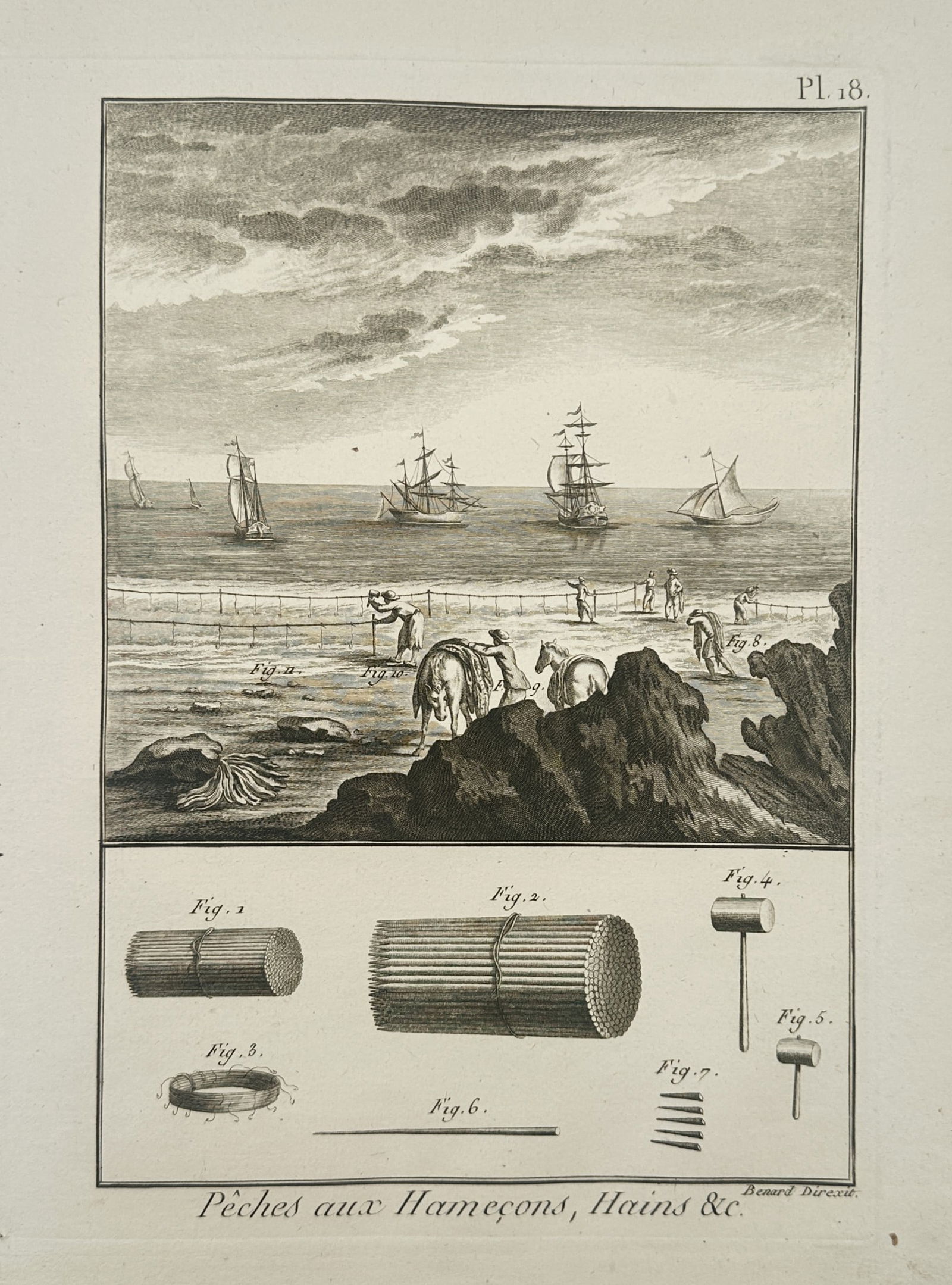 Robert Benard (1734–1777) – Various Line and Hook Fishing Techniques – Engraving (1762): "Pêches aux Hameçons, Hains &c." illustrates several methods of coastal line fishing and the associated tools used in the eighteenth century. The top section features a coastal scene where individua
