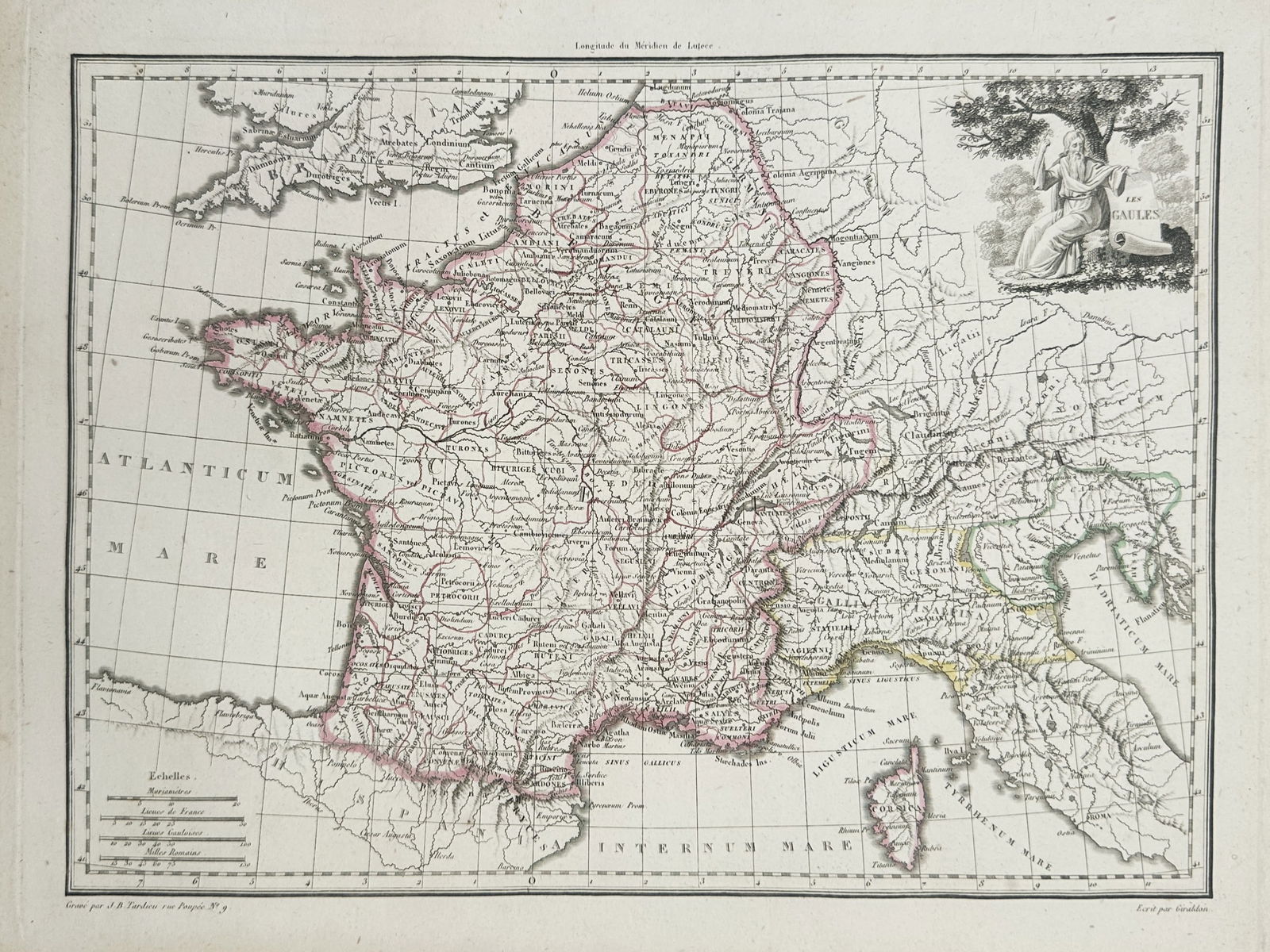 Jean-Baptiste Tardieu (1768–1837) – Map of Gaul – France – Hand-coloured engraving: "Les Gaules" presents a detailed cartographic study of ancient Gaul, covering the territory of modern-day France, Belgium, and parts of neighboring countries. The map delineates tribal regions and Rom