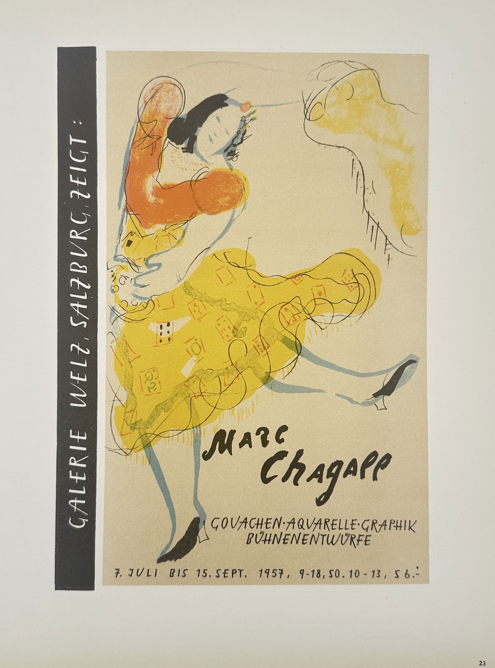 Marc Chagall (1887–1985) – Exhibition at Galerie Welz, Salzburg – Lithography (20th Century): "Galerie Welz, Salzburg zeigt: Marc Chagall" depicts a vibrant, stylized figure in motion, capturing the dreamlike and expressive quality characteristic of the artist's work. The central figure wears