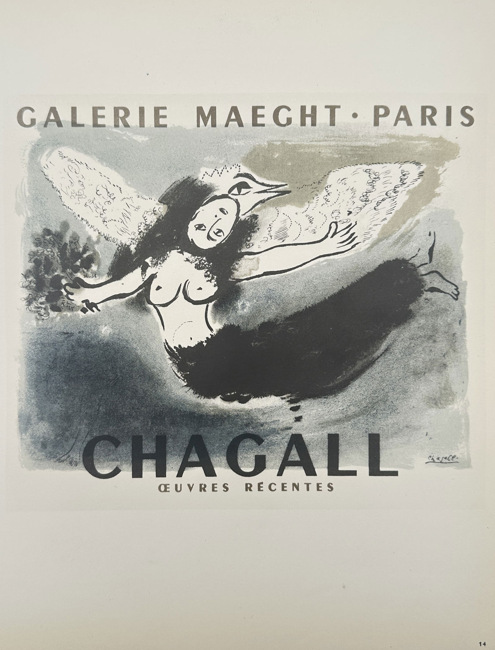 Marc Chagall (1887–1985) – Exhibition at Galerie Maeght, Paris – Lithography (20th Century): "Galerie Maeght · Paris. Chagall. Œuvres Récentes" depicts a winged, mythological female figure with the head of a bird emerging from her own, soaring through a grey and blue ethereal space. The fi