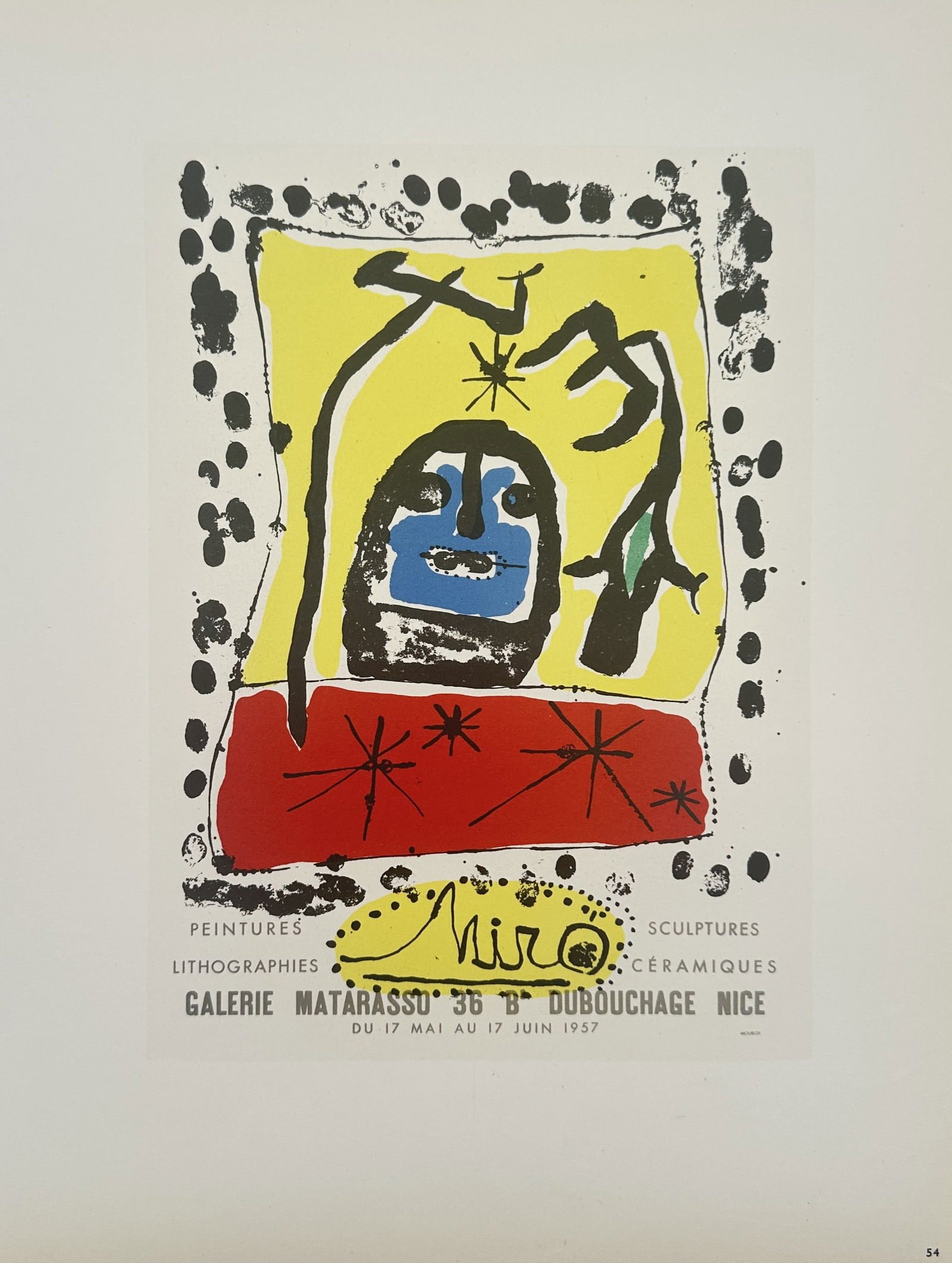 Joan Miró (1893–1983) – Exhibition at Galerie Matarasso, Nice – Offset print (20th Century): "Galerie Matarasso Nice. Miró" features a central blue face with black features set against a vibrant yellow background and a solid red base. The imagery is framed by a border of black spots and incl