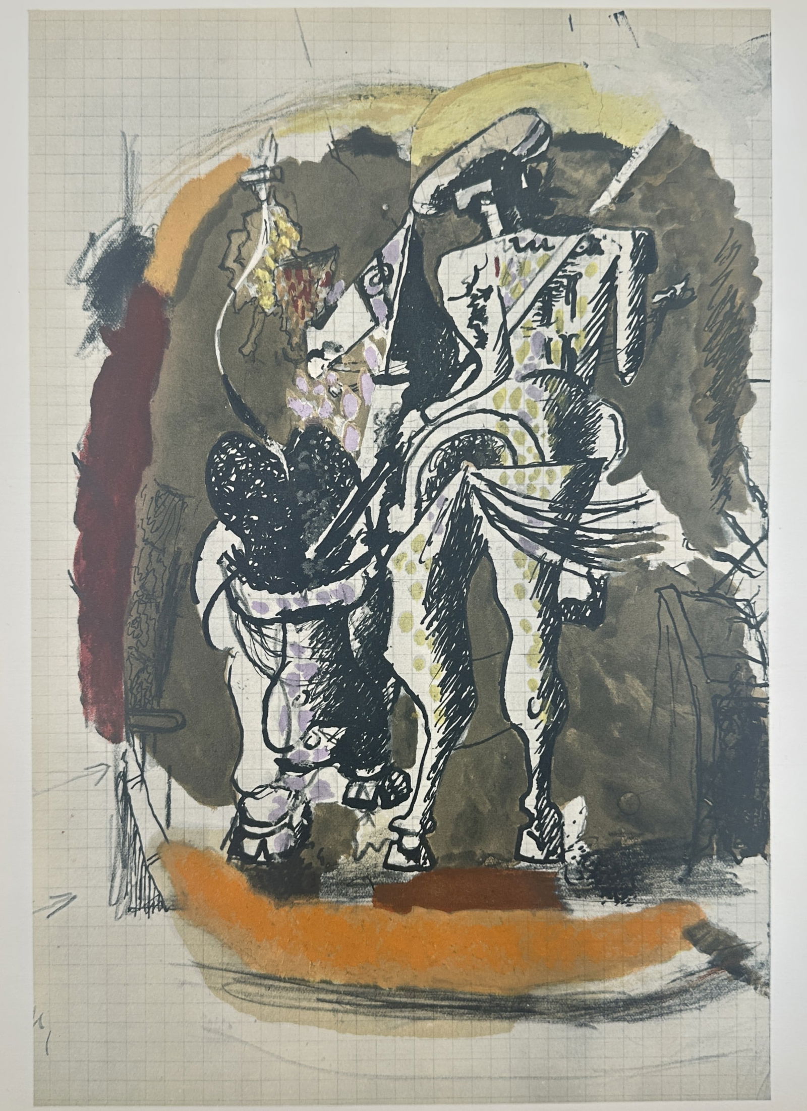 Georges Braque (1882–1963), after – Study of a Cavalier – Lithography, Mourlot: "Study of a Cavalier" features a dynamic composition of a figure on horseback rendered in bold black outlines against a background of earth tones and gestural washes of orange and red. The artwork is