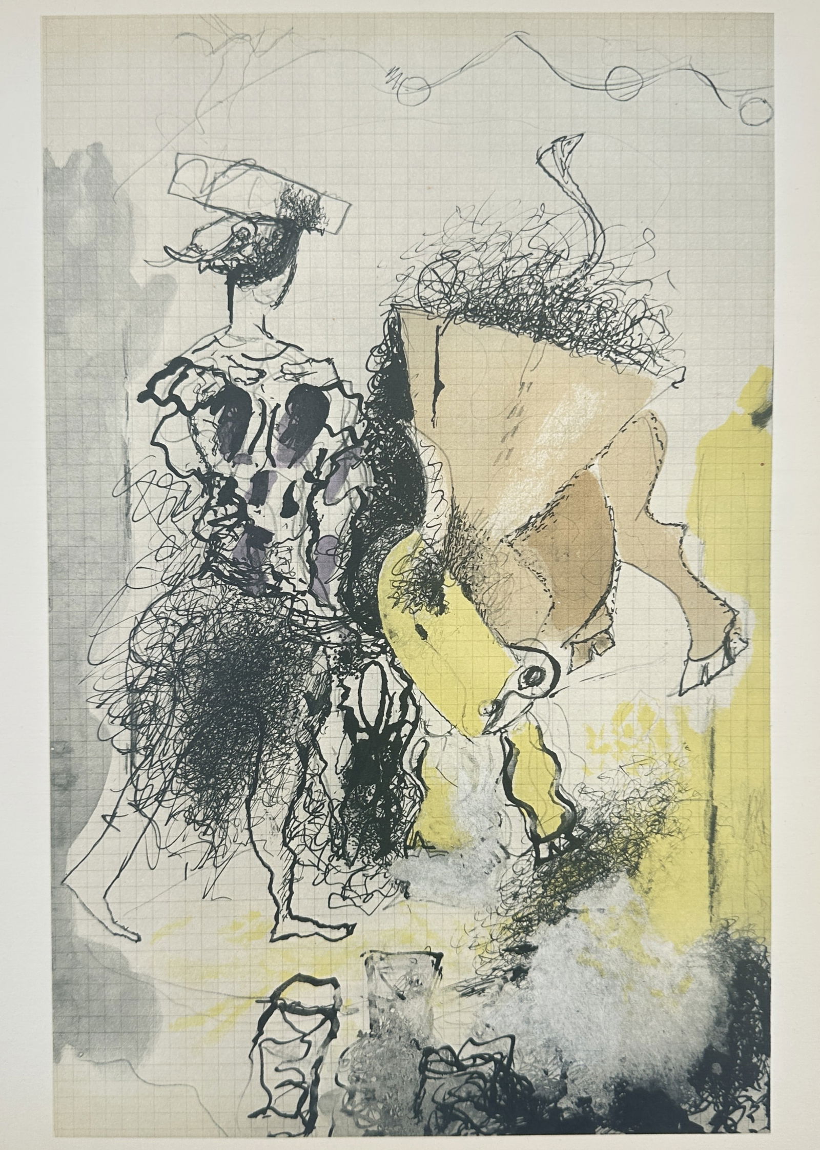 Georges Braque (1882–1963), after – Picador and Bull – Lithography, Mourlot (20th Century): "Picador and Bull" features a dynamic composition of a bullfighting scene rendered in bold black outlines and energetic, scribbled lines. The figure of a picador is shown on the left, while a bull cha