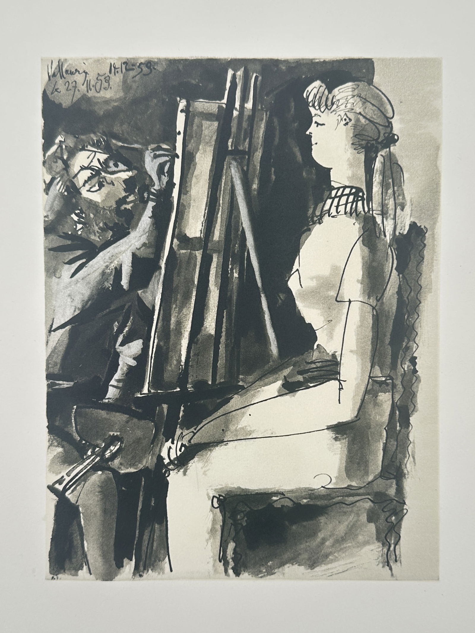Pablo Picasso (1881–1973), after – Artist and Model – Lithography, Mourlot (20th Century): "Artist and Model" presents a dynamic monochromatic scene depicting a bearded painter at his easel, focused on a seated female subject. The composition is rendered in expressive washes of black and gr