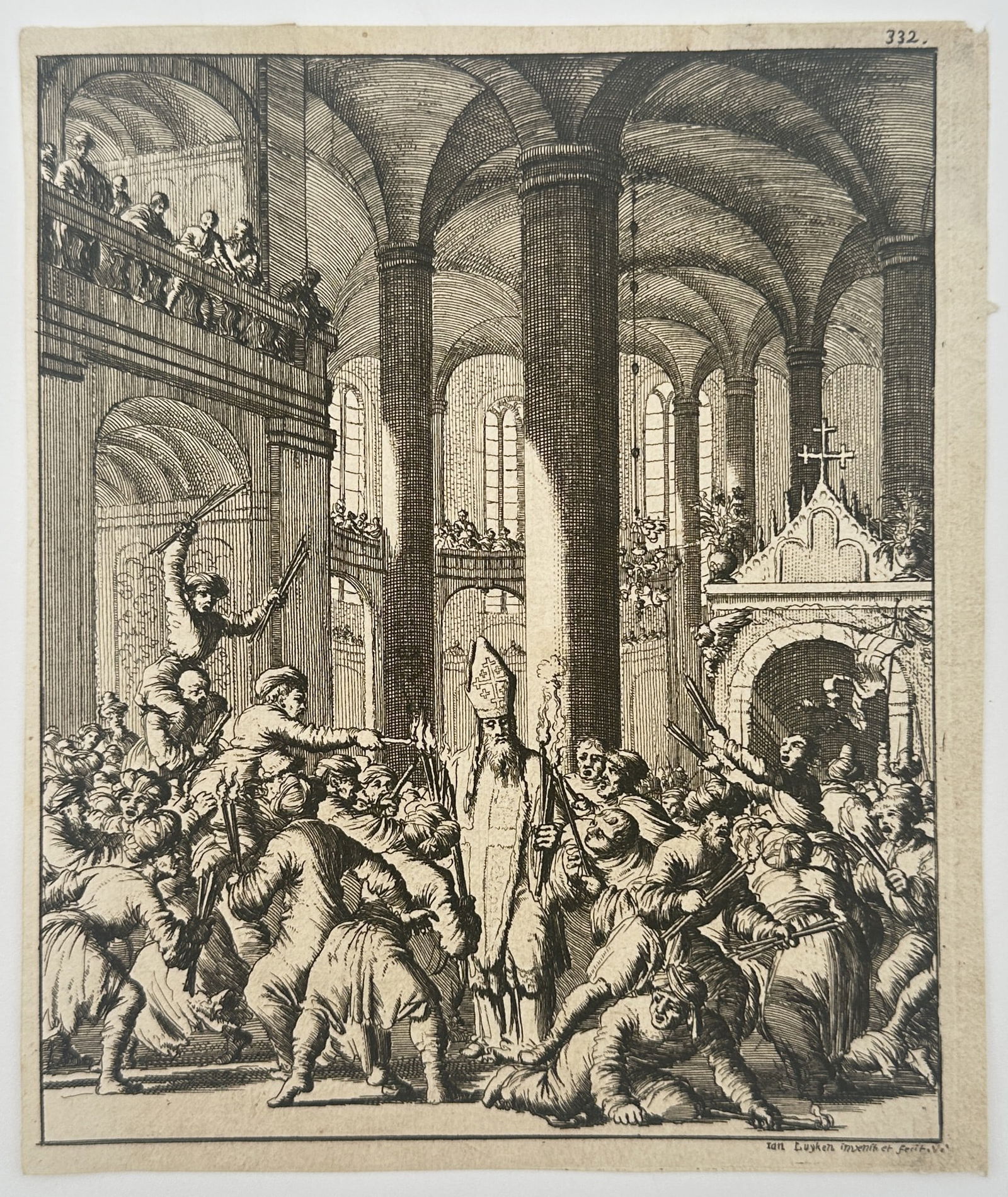 Jan Luyken (1649–1712) – Martyrdom of a Bishop in a Cathedral – Etching (1685): "Martyrdom of a Bishop" depicts a dramatic religious scene within the vaulted interior of a Gothic cathedral. The composition focuses on a bishop in liturgical vestments standing amidst a turbulent cr