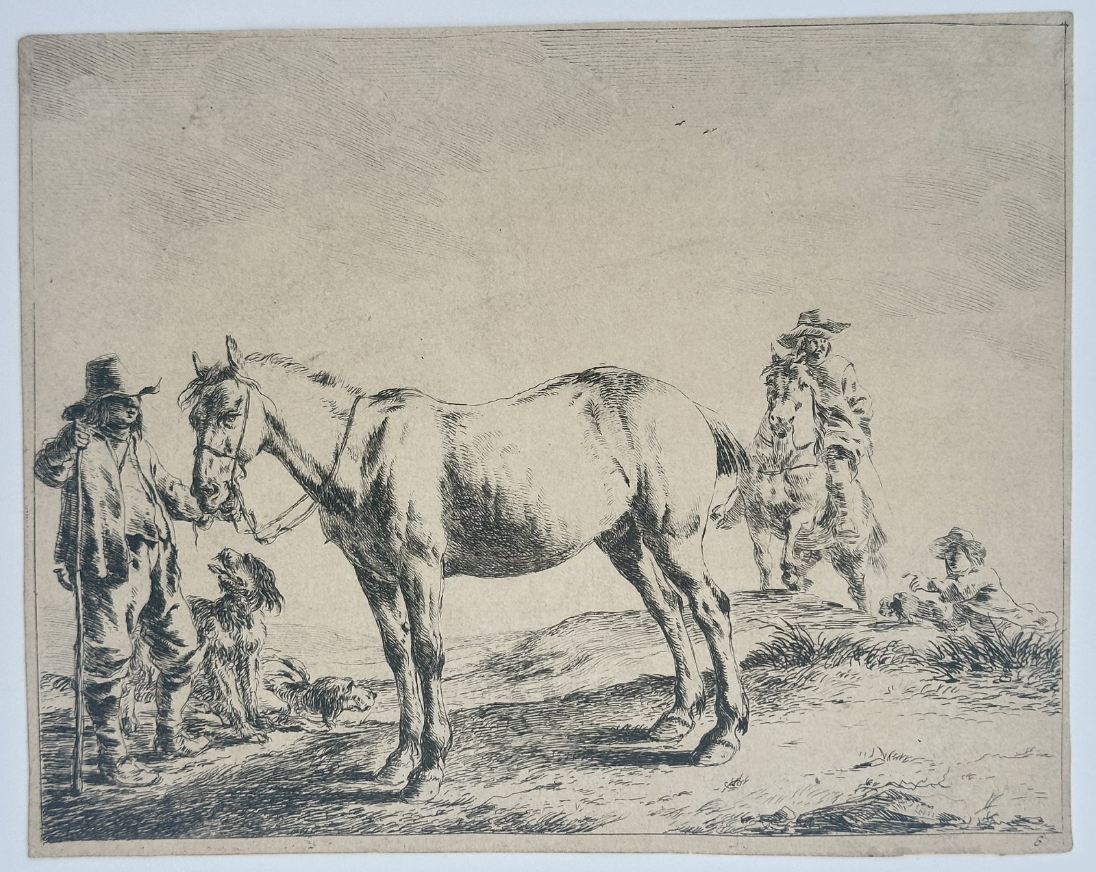 Dirck Stoop (1610–1686) – Man Holding a Horse by the Bridle – Etching (1651): "Man Holding a Horse by the Bridle" depicts a rural scene featuring a man in a wide-brimmed hat standing beside a horse and a dog. In the background, another figure is shown mounted on a horse, while 