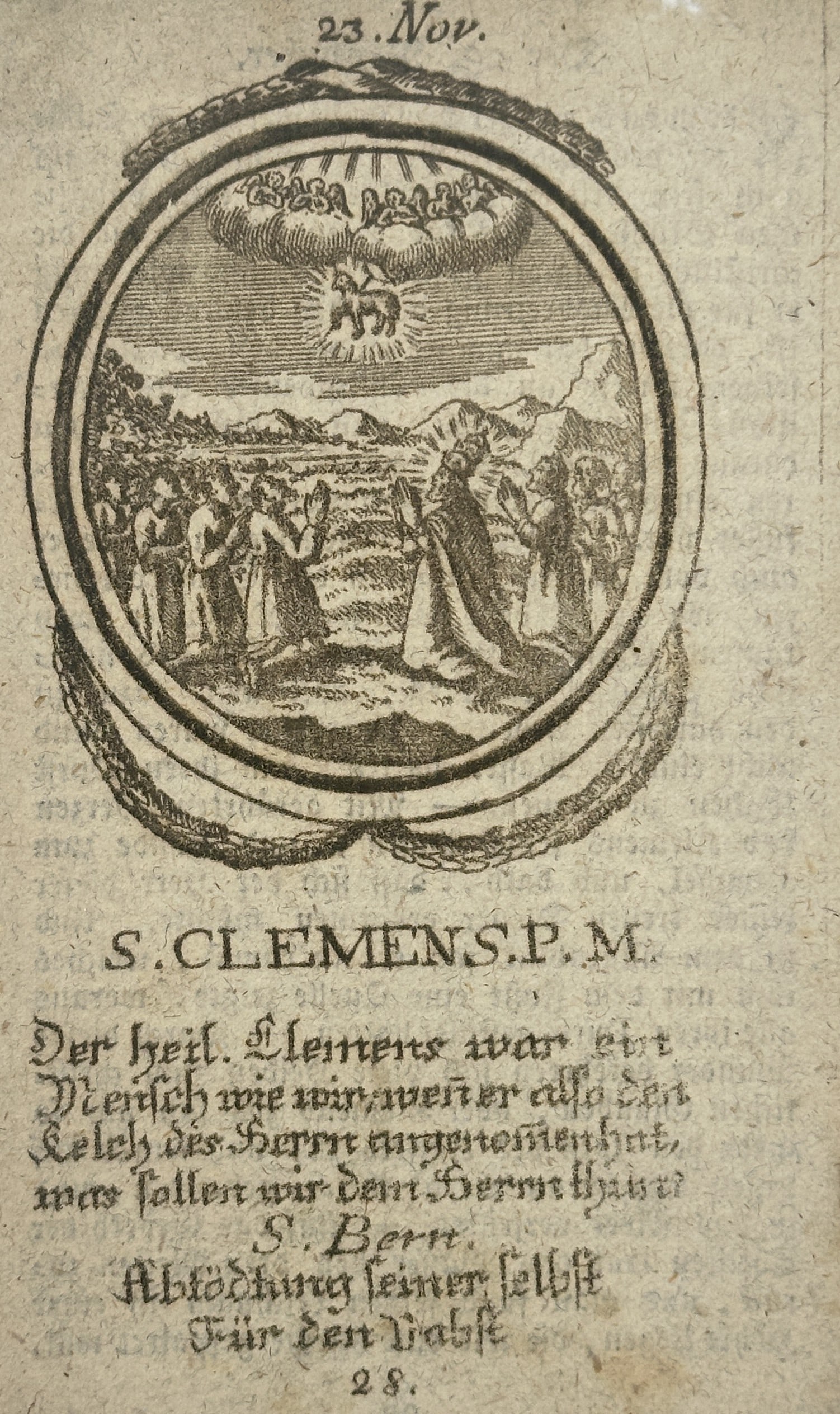 Unknown Artist – Saint Clement I – Engraving (18th Century): "S. CLEMENS P. M." depicts Saint Clement I standing in a landscape, his hands joined in prayer as he gazes toward a celestial vision of the Lamb of God appearing in the clouds. To the left, a group of