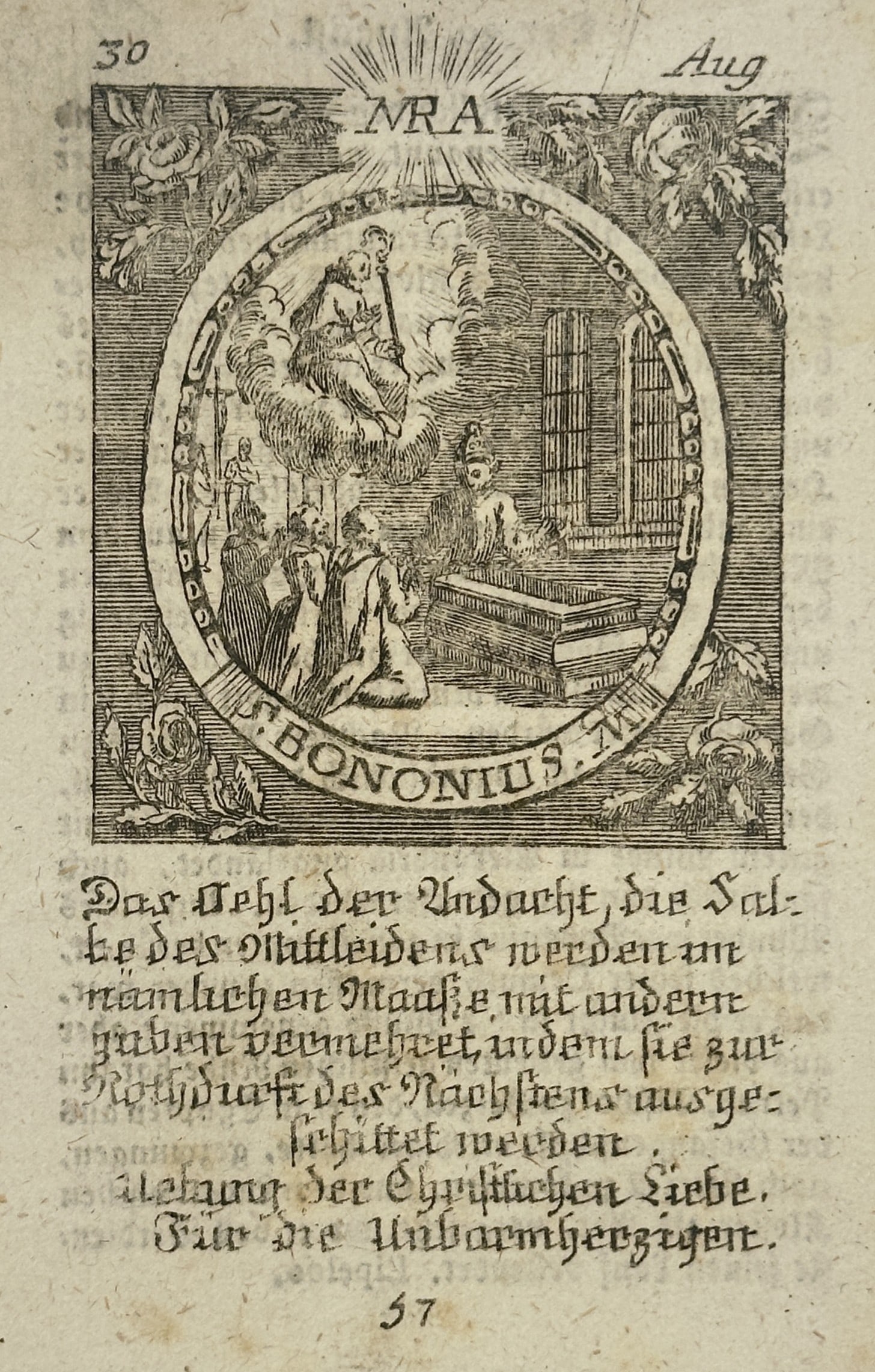 Unknown Artist – Saint Bononius – Engraving (18th Century): "S. BONONIUS AB." depicts Saint Bononius as an abbot standing before an open tomb, with several figures kneeling in prayer beside him. Above the scene, a celestial vision features a seated figure with