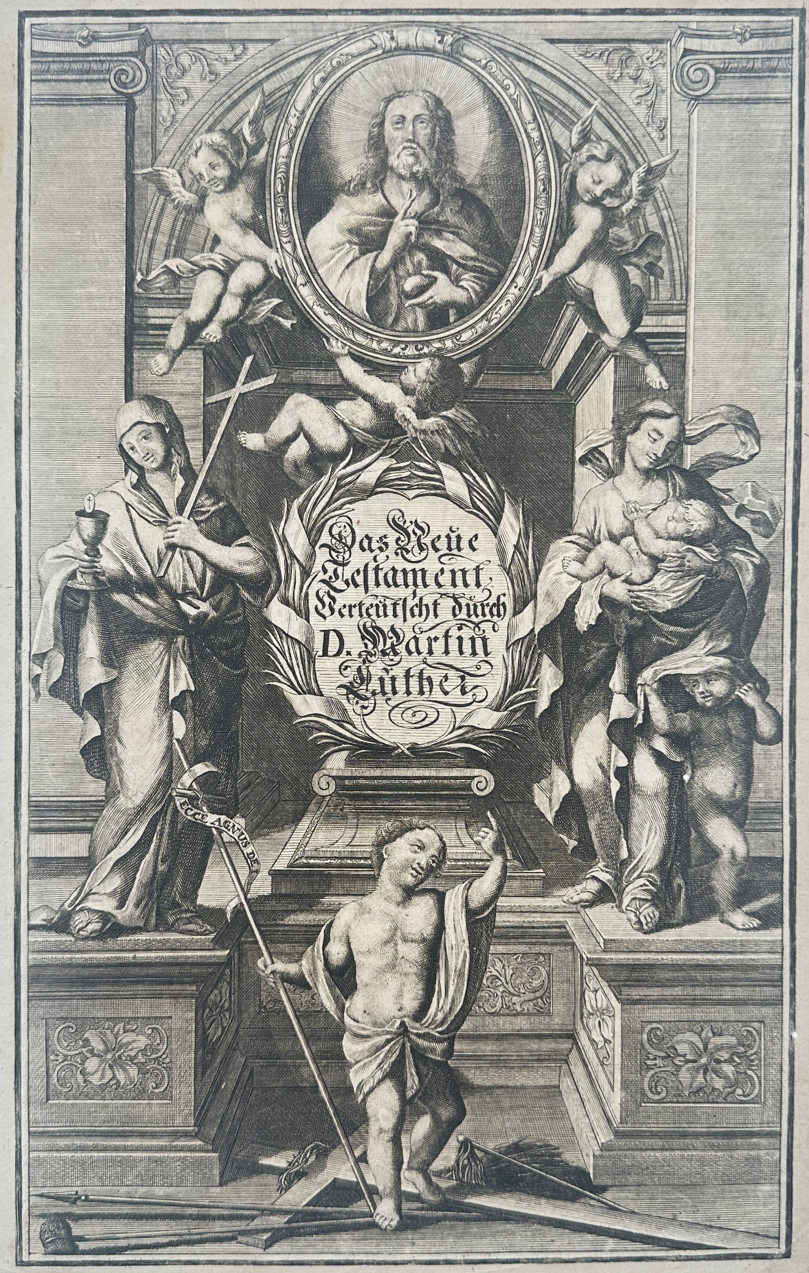 Matthäus Merian the Elder (1593–1650) – Frontispiece for Martin Luther’s New Testament: "Das Neue Testament Verdeutscht durch D. Martin Luther" serves as the formal title page for a German edition of the New Testament. The complex allegorical composition is anchored by a central pedestal