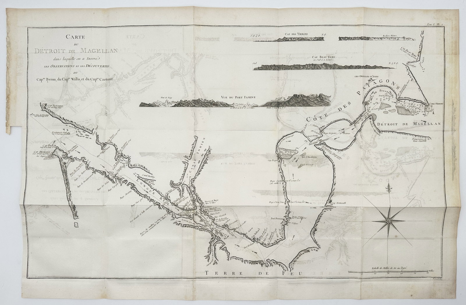 James Cook (1728–1779) – Map of the Strait of Magellan – South America – Etching: "CARTE DU DÉTROIT DE MAGELLAN" presents a comprehensive nautical chart of the passage between the southern tip of mainland South America and Tierra del Fuego. The map follows the complex, winding pat
