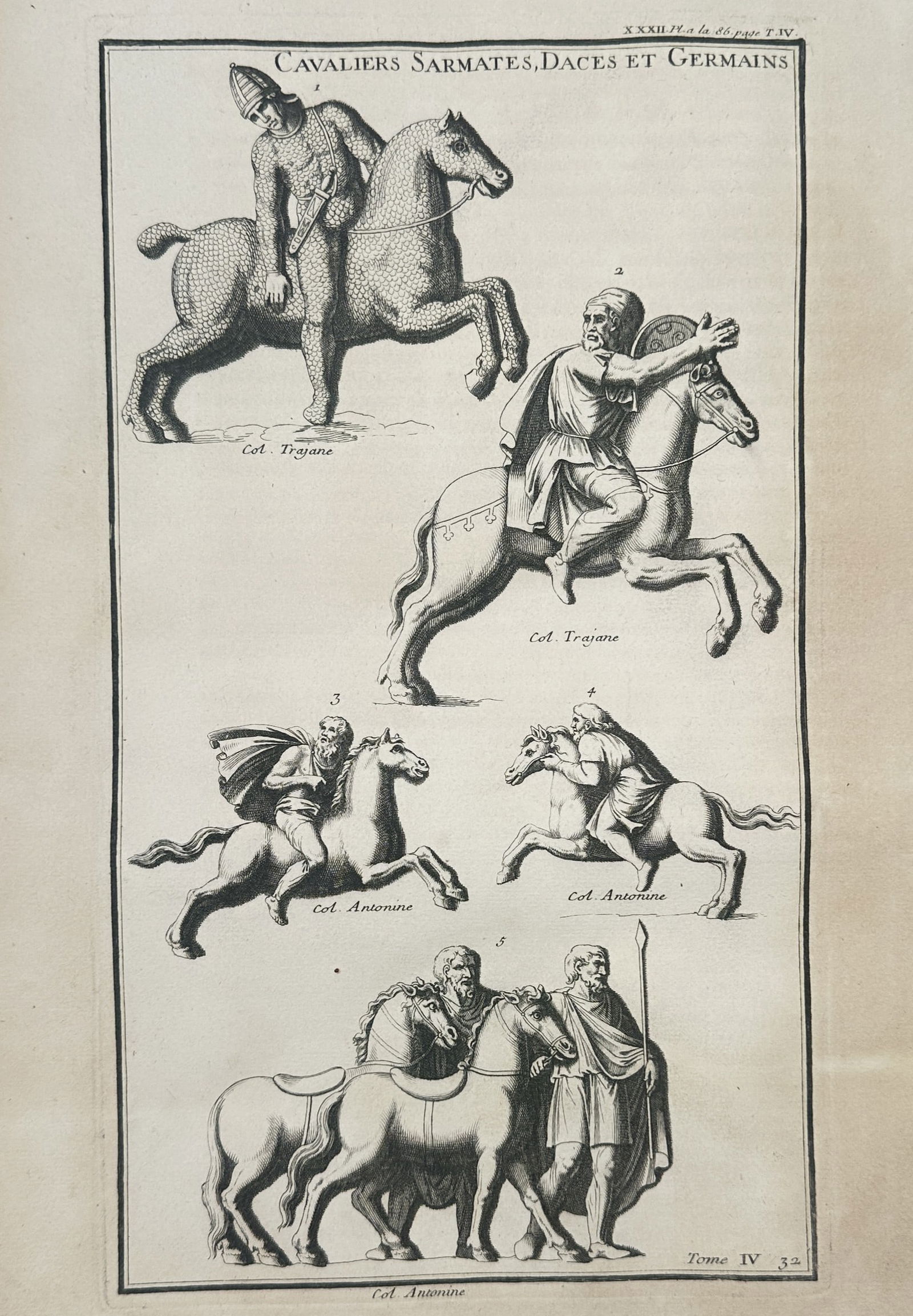 Bernard de Montfaucon (1655–1741) – Sarmatian, Dacian, and Germanic Cavalry: "CAVALIERS SARMATES, DACES ET GERMAINS" presents a detailed study of ancient equestrian figures based on classical Roman reliefs from the Columns of Trajan and Antoninus. The composition is divided in
