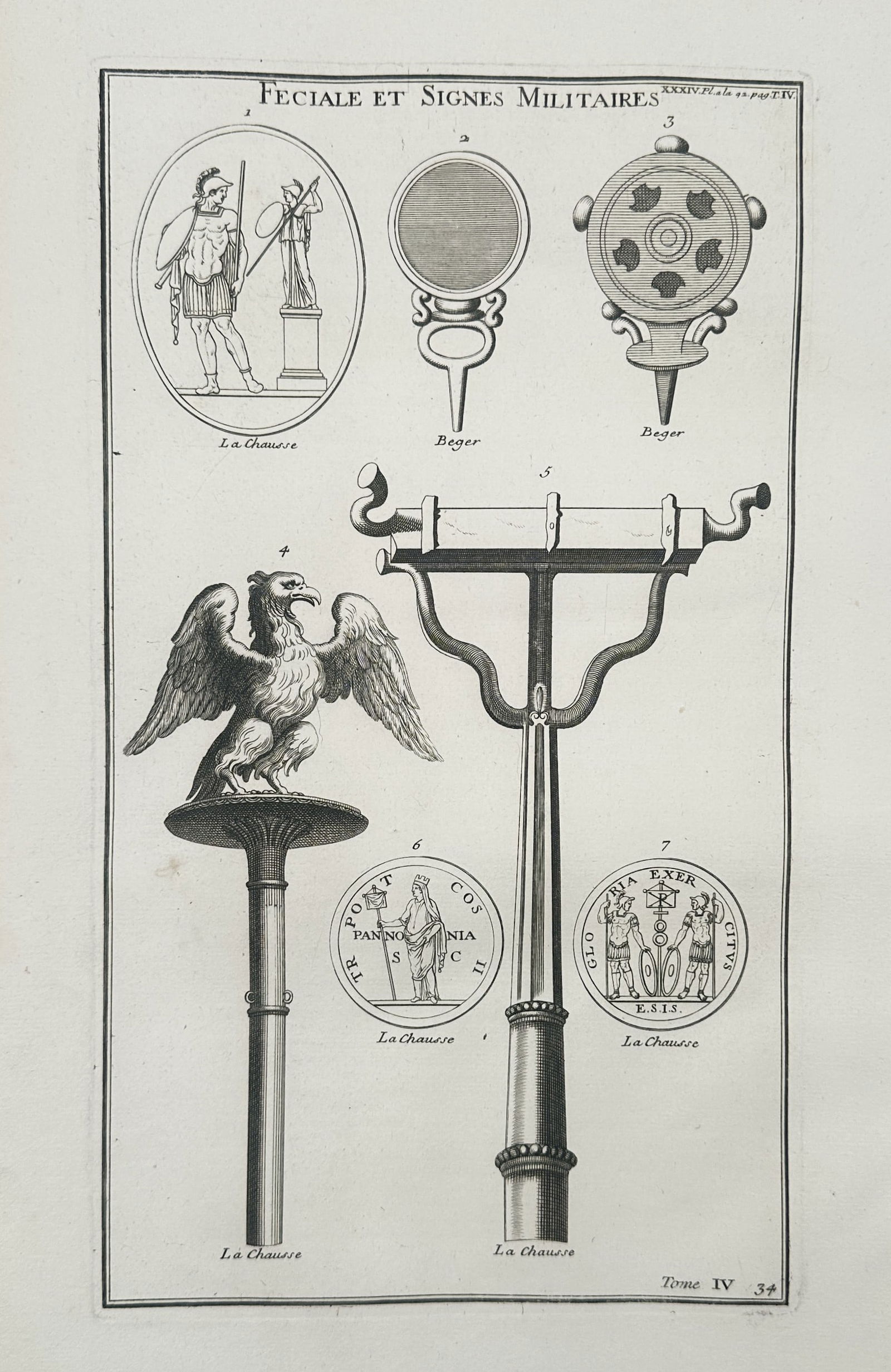 Bernard de Montfaucon (1655–1741) – Roman Military Standards and Fetials – Engraving: "FECIALE ET SIGNES MILITAIRES" presents a scholarly study of Roman military equipment and ceremonial figures based on classical artifacts. The upper portion depicts a fetial priest alongside various s