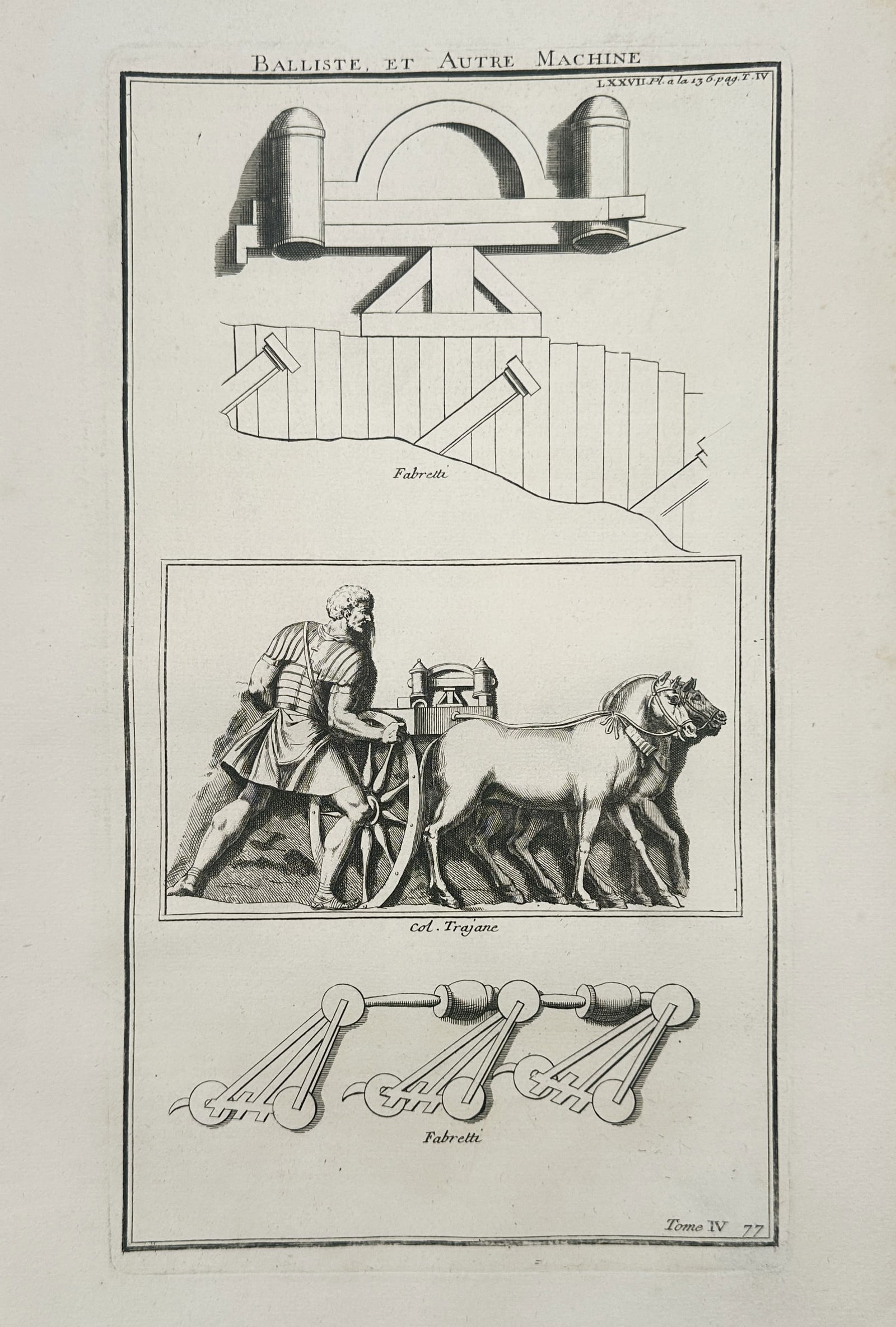 Bernard de Montfaucon (1655–1741) – Roman Ballista and Military Machines – Engraving: "BALLISTE, ET AUTRE MACHINE" presents a technical and historical study of ancient Roman siege engines and mechanical devices. The plate is divided into three registers: the upper section shows a large