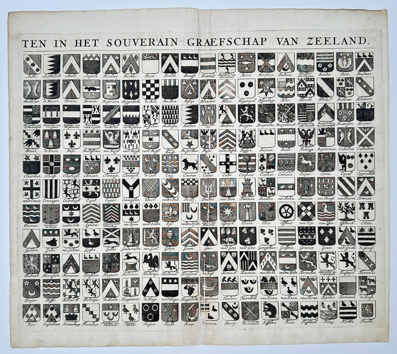 Mattheus Smallegange (1624-1710) – Heraldic Shields of Zeeland – Engraving (1696): "Ten in het Souverain Graefschap van Zeeland." This engraving presents an extensive collection of heraldic shields, meticulously arranged in a grid to represent the noble families and distinguished li