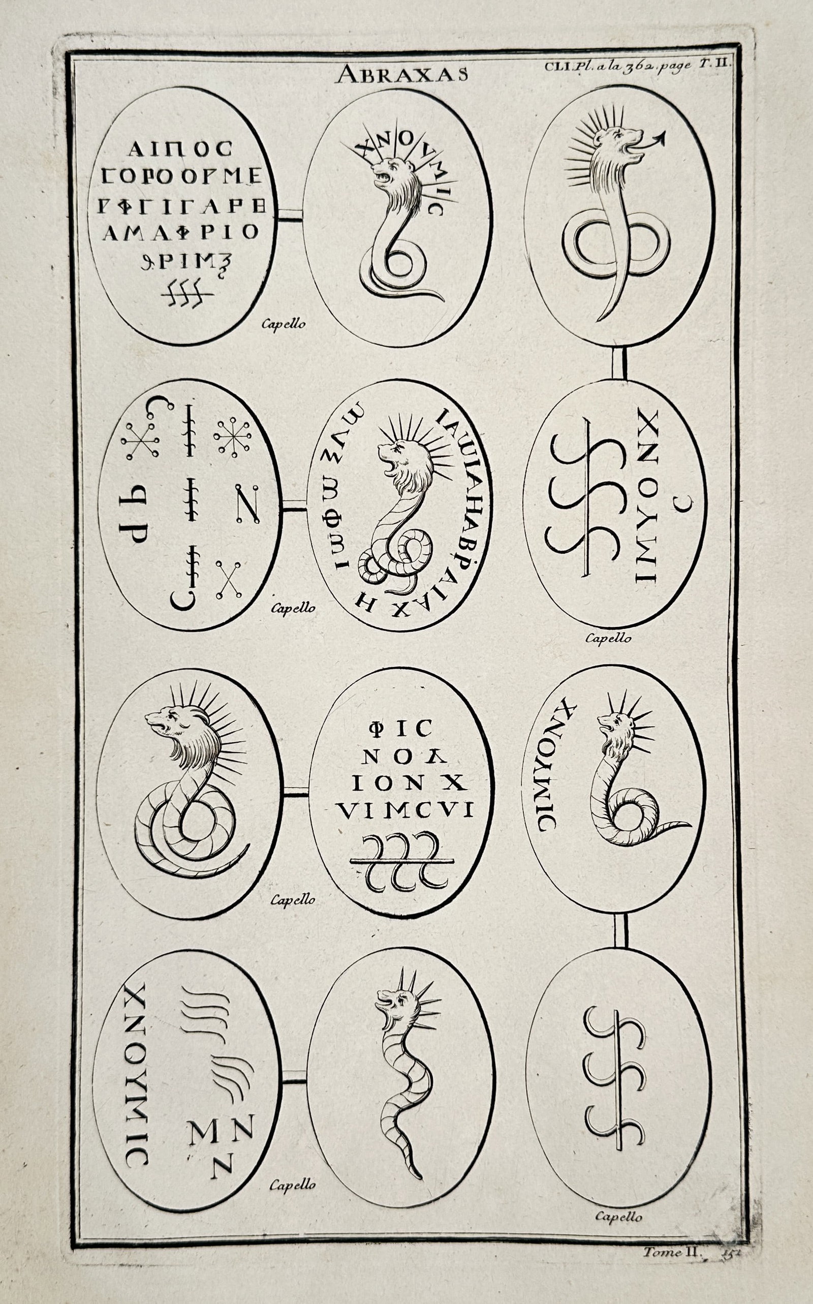 Bernard de Montfaucon (1655–1741) – Gnostic Gems and Serpent Amulets – Engraving: This engraving depicts a collection of twelve ancient Gnostic gems and amulets, categorized under the title Abraxas. The composition is organized into three vertical columns, each featuring oval amule