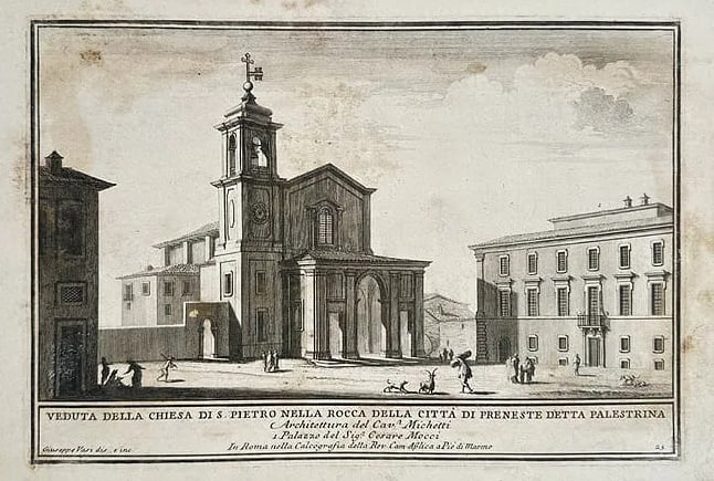 Giuseppe Vasi – View of the Church of Saint Peter in Palestrina, Map of Palestrina - Italy: This topographical engraving captures a view of the Church of Saint Peter in the city of Palestrina, Italy. The composition features the church's baroque architecture, including its prominent facade a