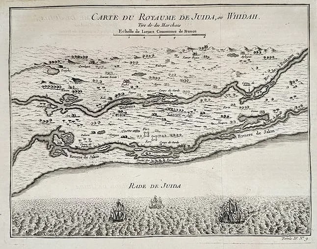 Jacques-Nicolas Bellin (1703–1772) – Map of the Kingdom of Judah and Whydah - Engraving: This topographical map is titled Carte du Royaume de Juida, ou Whidah (Map of the Kingdom of Judah, or Whydah). The map depicts a coastal region of West Africa, specifically the area around the histor