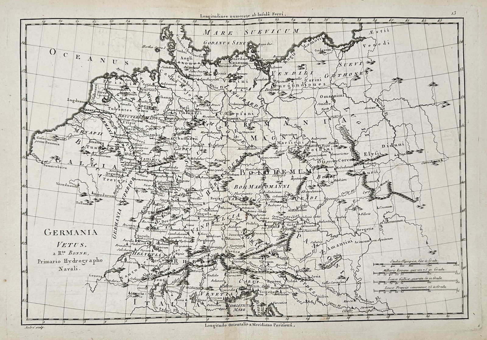 Rigobert Bonne (1727–1794) – Map of Ancient Germany – Germania – Engraving (1780) (1 of 2)