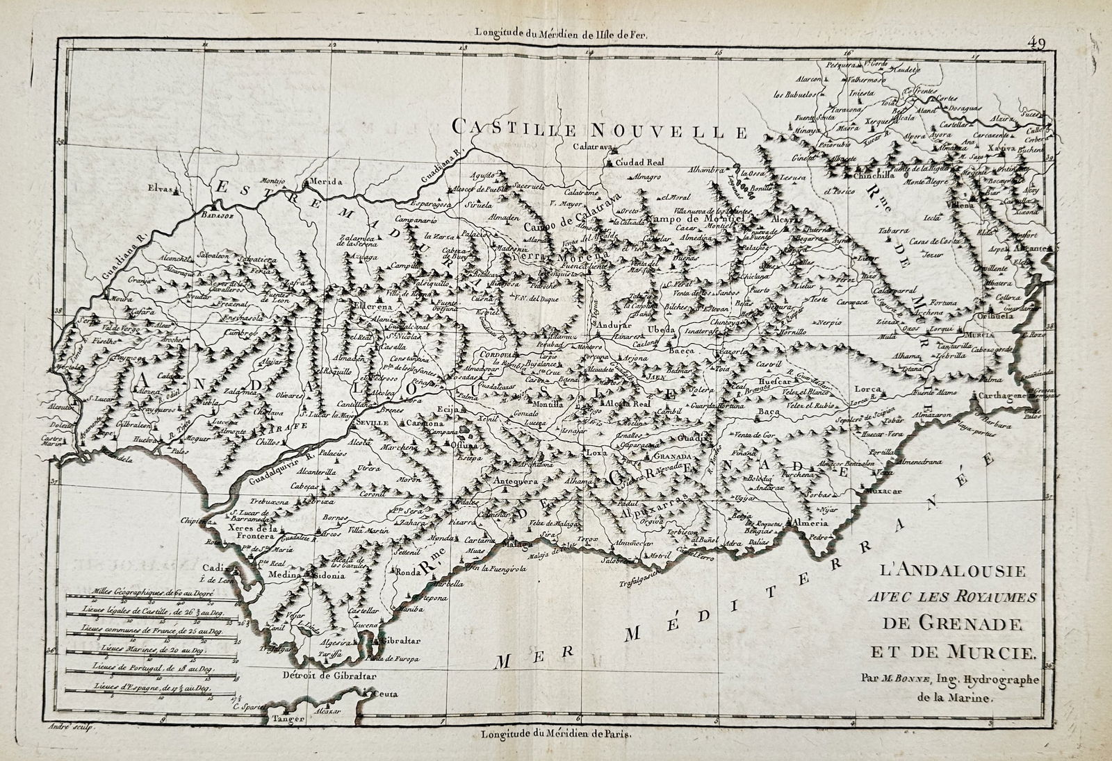 Rigobert Bonne (1727–1794) – Map of Andalusia and the Kingdoms of Granada and Murcia – Spain (1 of 2)