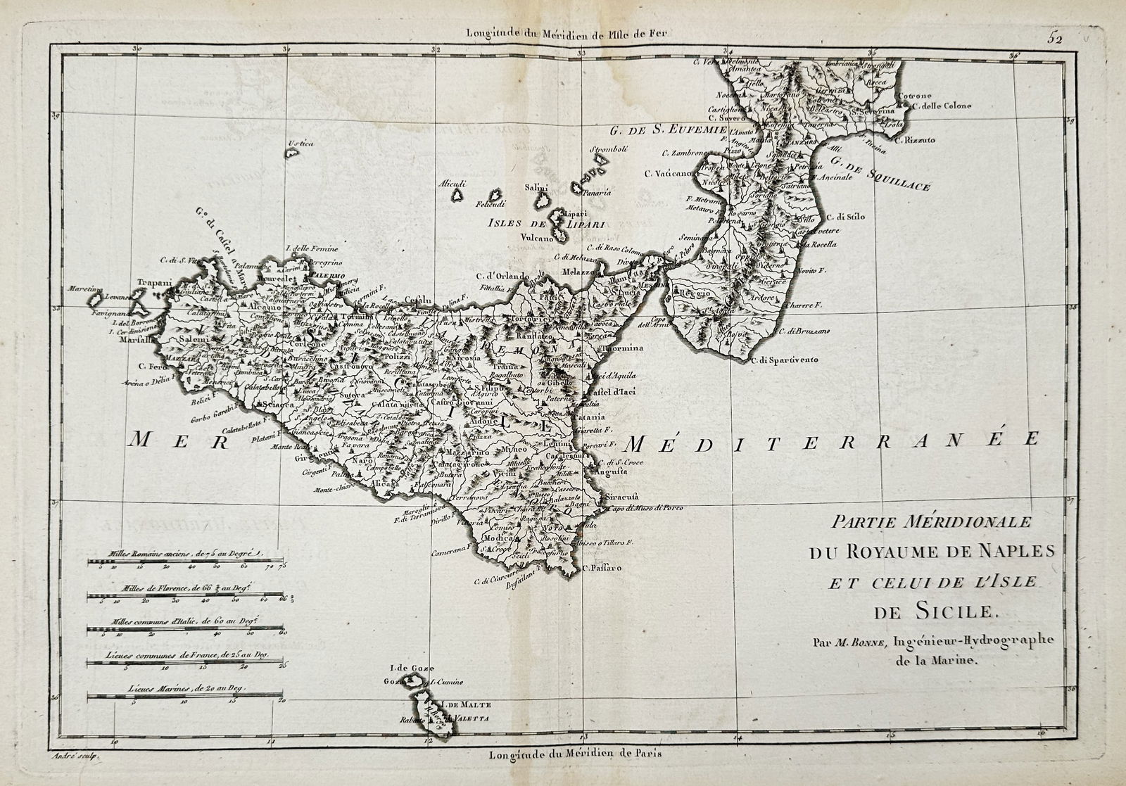 Rigobert Bonne (1727–1794) – Map of Southern Naples and Sicily – Italy – Engraving (1780): "PARTIE MÉRIDIONALE DU ROYAUME DE NAPLES ET CELUI DE L'ISLE DE SICILE" displays the geography of the southern portion of the Kingdom of Naples and the island of Sicily, illustrating coastal contours,