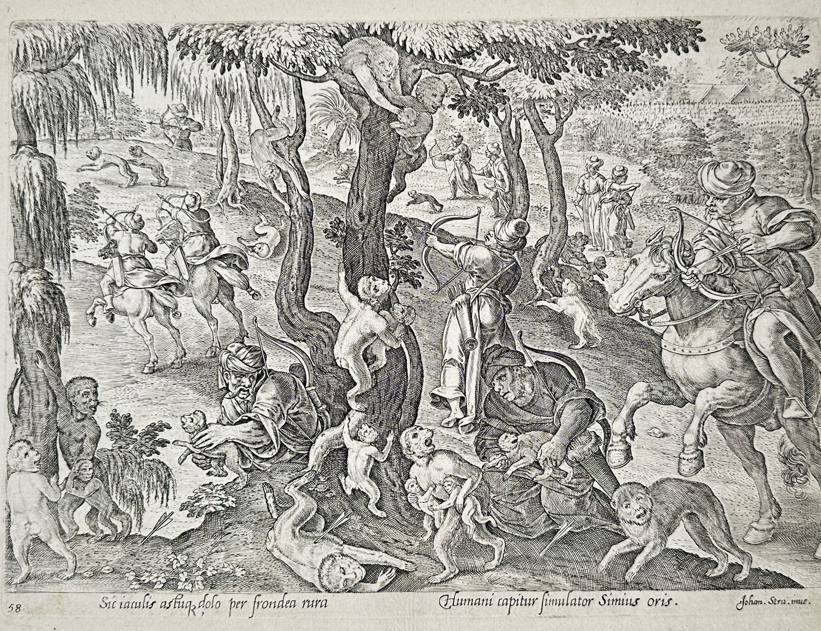 Johannes Stradanus (1523–1605) – Hunting Scene with Monkeys – Engraving (16th Century): Sic iaculis astu, dolo per fronden mira Humani capitur simulator Simius oris depicts a complex scene where hunters on horseback and on foot use bows and arrows to capture monkeys in a wooded landscape