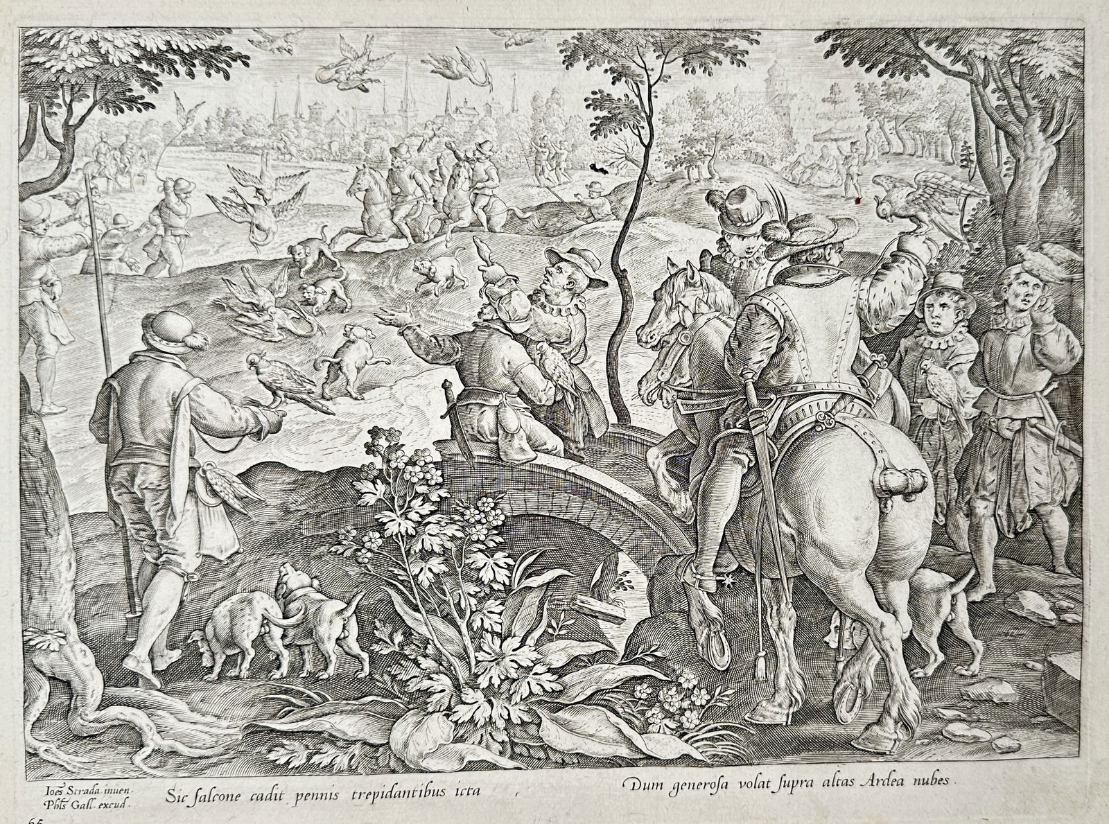 Johannes Stradanus (1523-1605) – Hunting Scene with Falcons and Herons – Engraving (1 of 2)