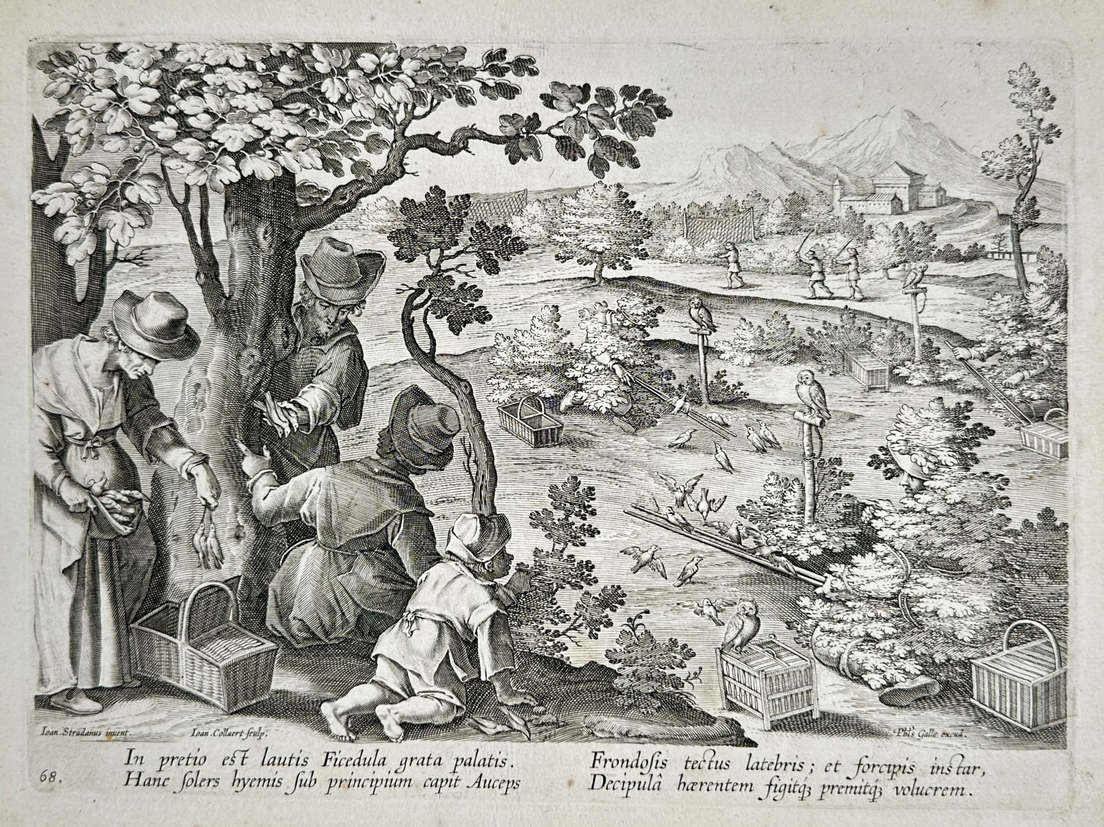 Johannes Stradanus (1523–1605) – Hunting Scene with Bird Catchers – Engraving (16th Century) (1 of 2)