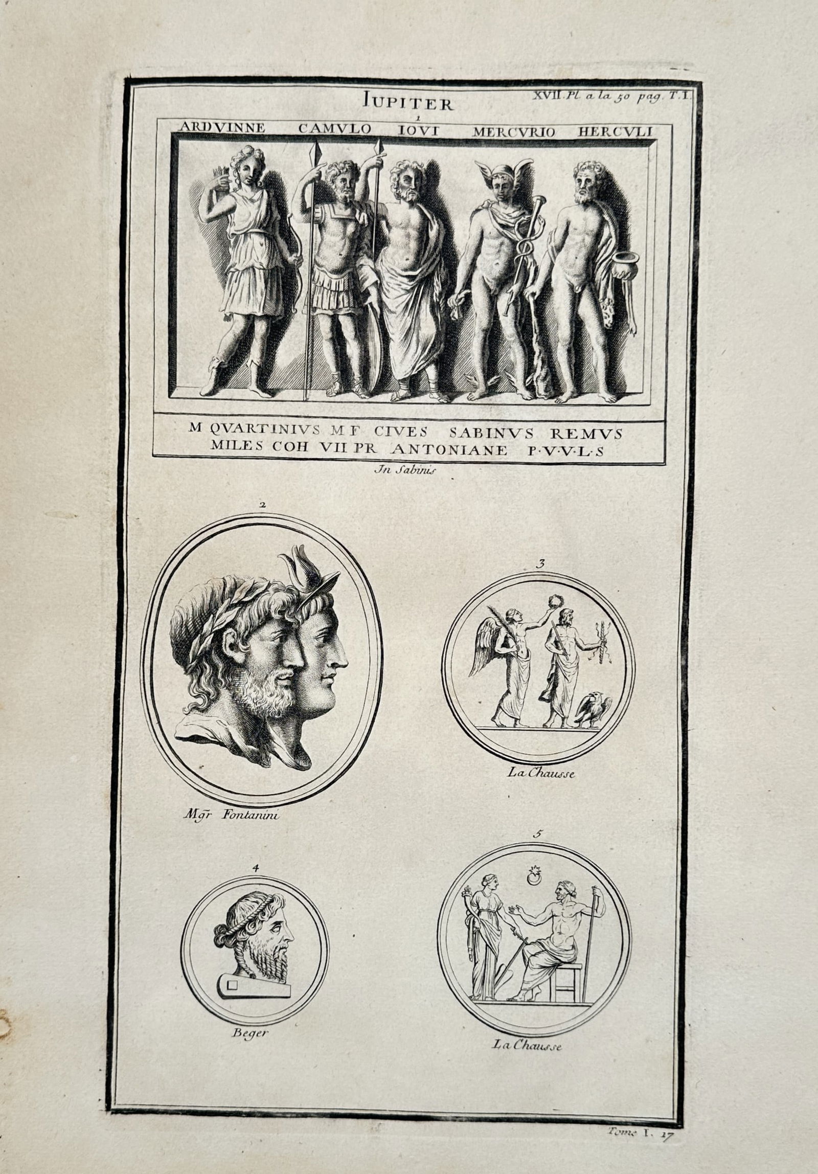 Bernard de Montfaucon (1655–1741) – Archaeological Study of Jupiter and Classical Deities: "JUPITER" features an archaeological illustration of a relief frieze showing the figures of Arduinne, Camvlo, Iovi, Mercurio, and Hercvli, alongside various coin and cameo depictions including double-