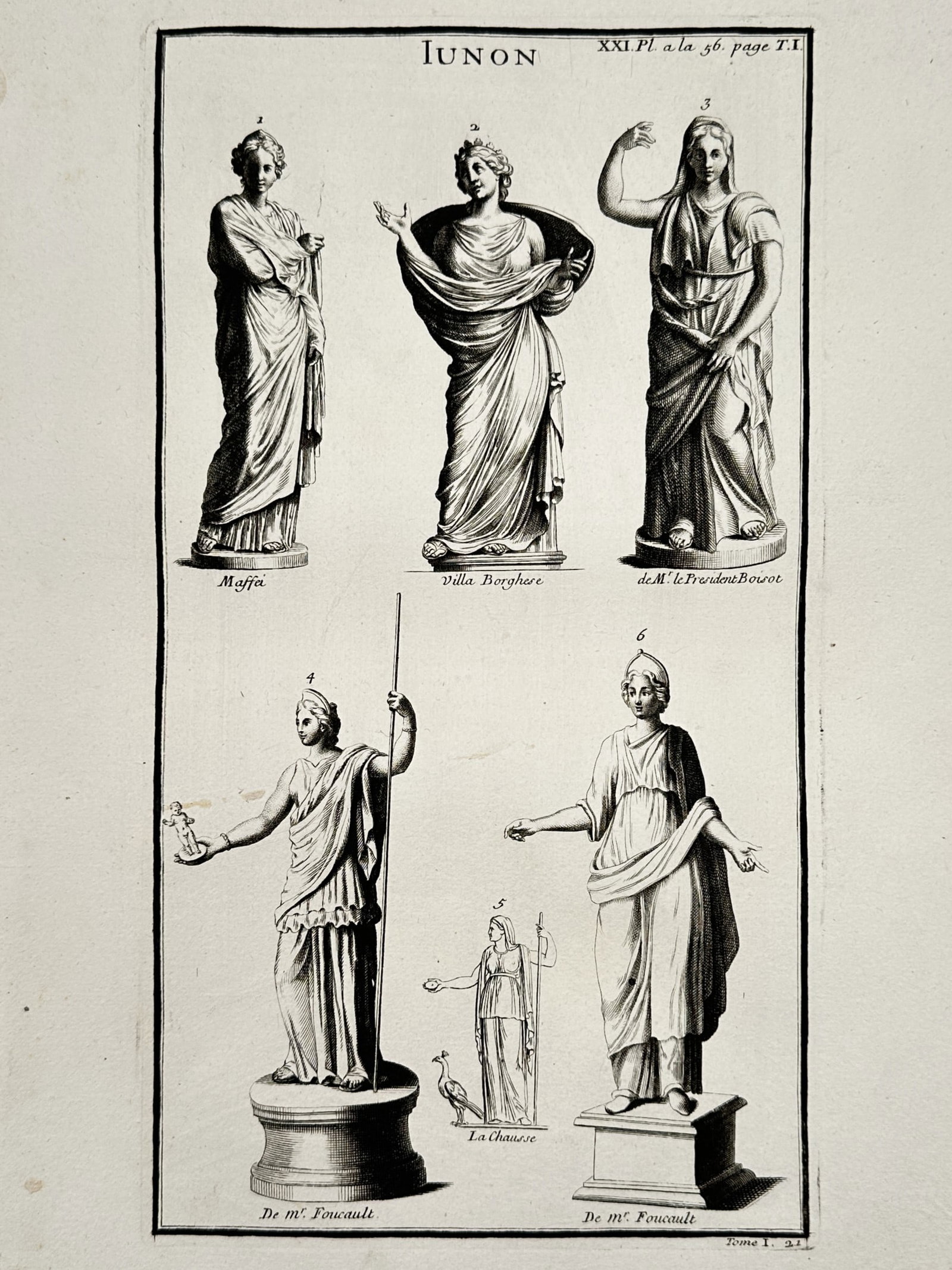 Bernard de Montfaucon (1655–1741) – Archaeological Study of Juno – Engraving (1719): "IUNON" displays five distinct classical statues and figurines of the goddess Juno in various poses. This engraving is from the scholarly series L'Antiquité expliquée et représentée en figures, pu