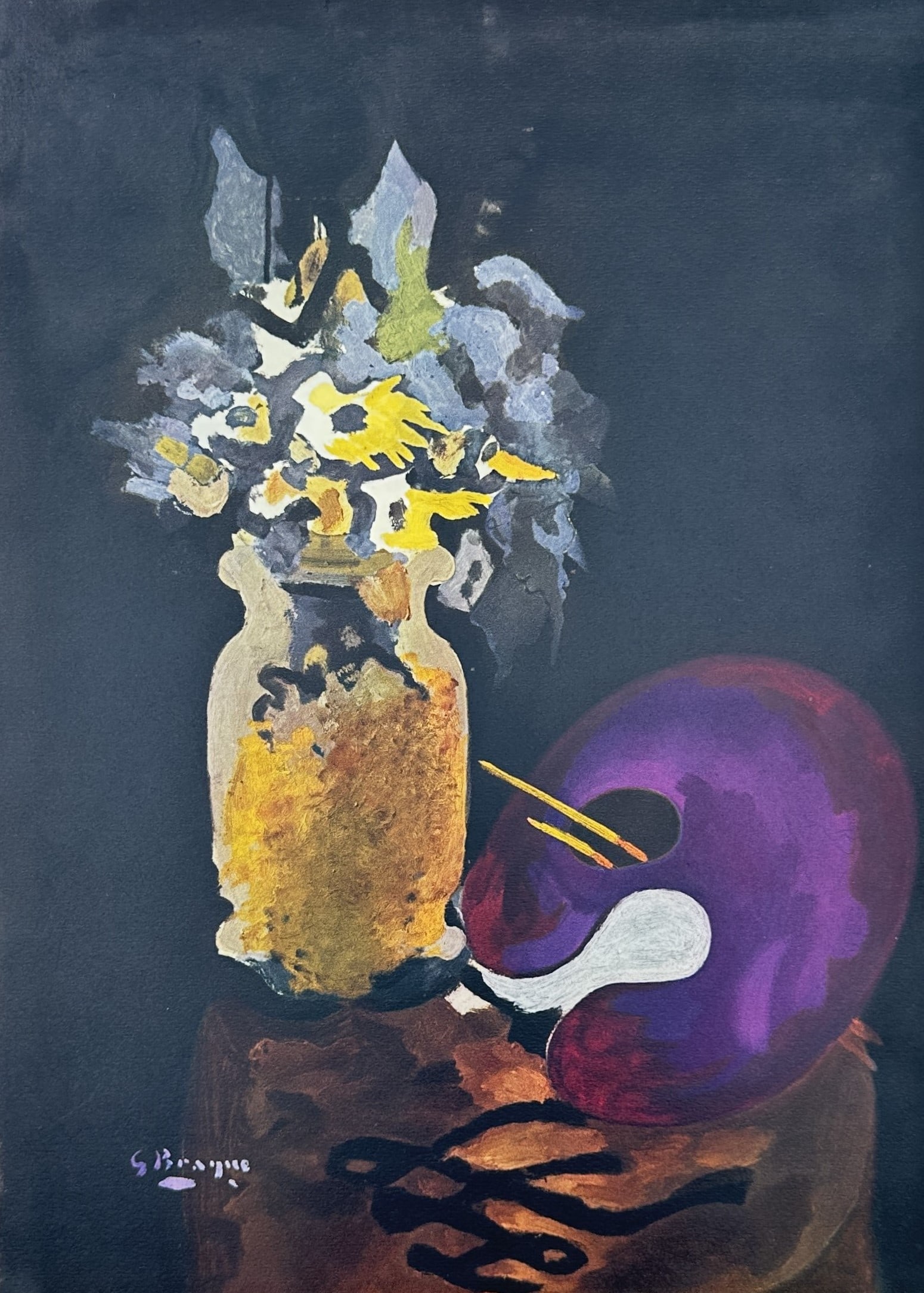 Georges Braque (1882-1963), after – Still Life with Flowers and Palette – Offset print (20th: Still Life with Flowers and Palette displays a vase of flowers positioned beside a painter's palette against a dark background. This work is a 20th-century offset print rendered from a composition by