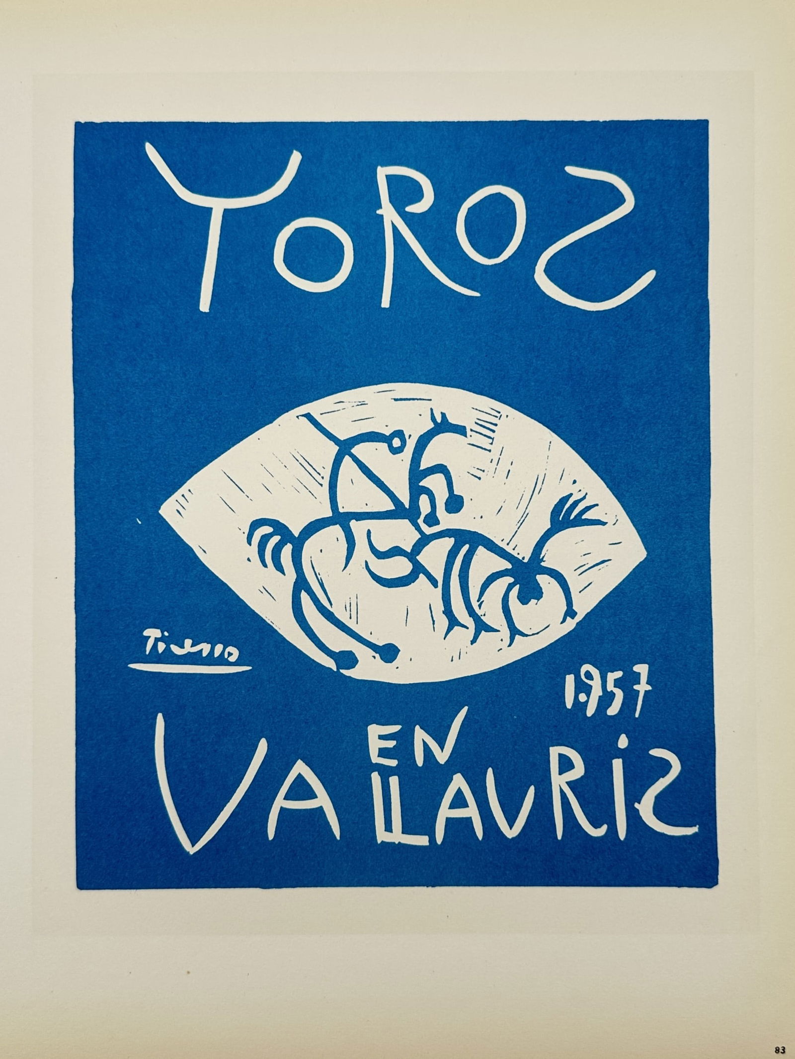Pablo Picasso (1881-1973), after – Toros en Vallauris 1957 – Offset print (20th Century): "Toros en Vallauris 1957" depicts a stylized line drawing of a bullfight scene within a central oval set against a solid blue background. This work is a 20th-century offset print based on the original