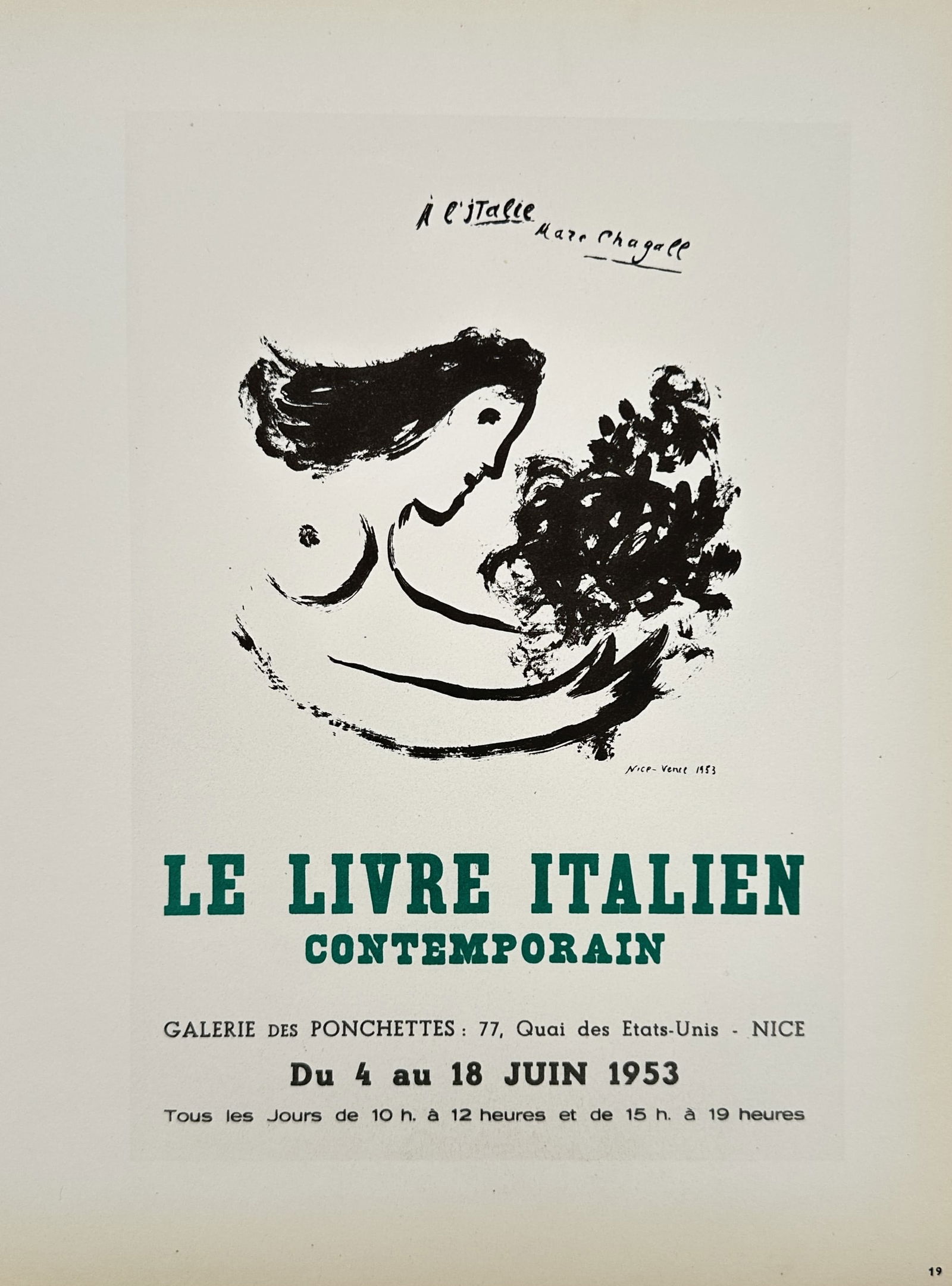 Marc Chagall (1887–1985), after – Exhibition Poster for Le Livre Italien Contemporain – Offset: "Le Livre Italien Contemporain" displays a black ink drawing of a figure holding a bouquet against a minimalist background, serving as an exhibition poster for an event held at the Galerie des Ponchet