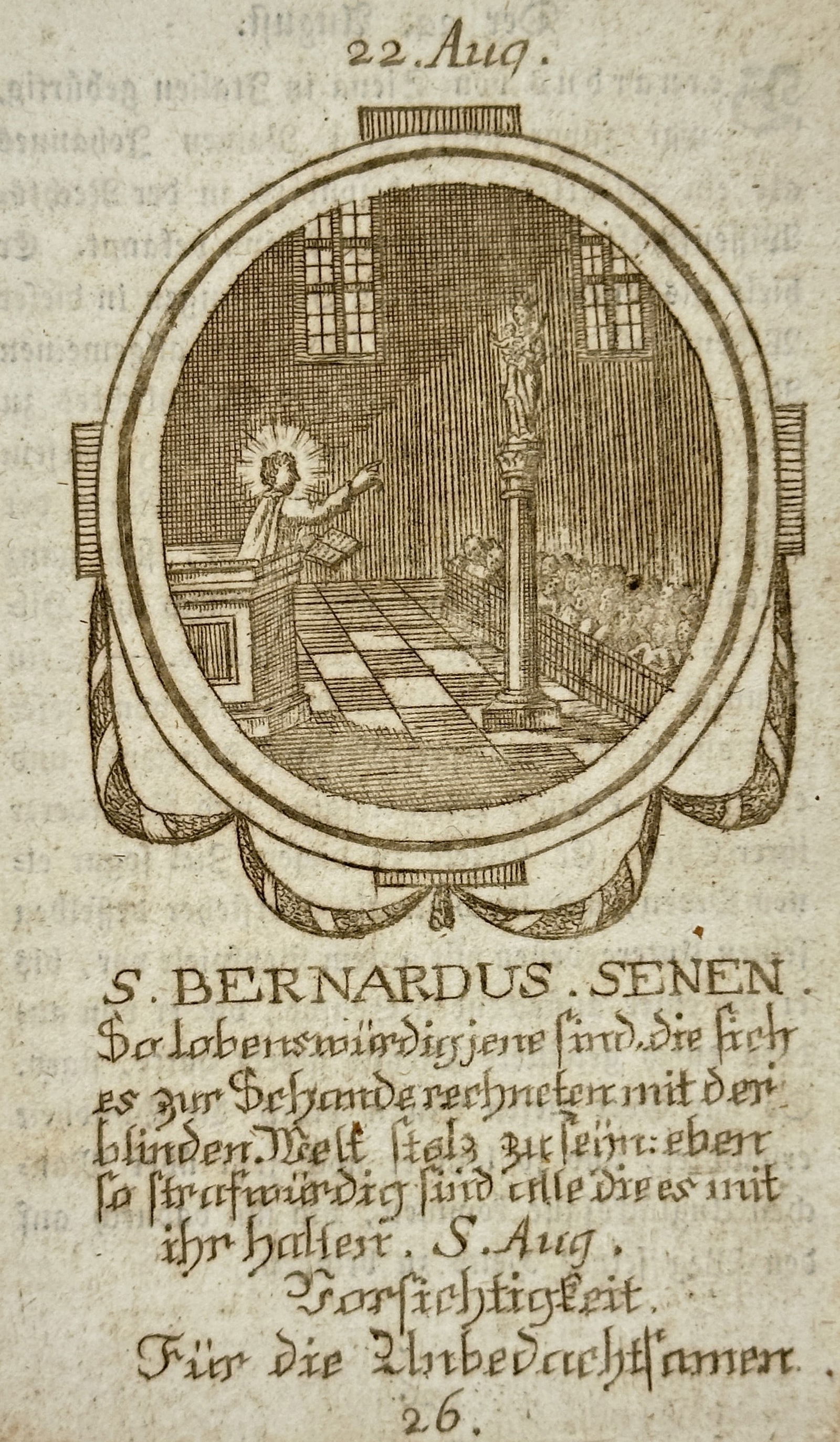 Franz Xavier Weninger (1805–1888) – Religious Devotional Card of Saint Bernard of Siena: "S. BERNARDUS. SENEN." depicts Saint Bernard of Siena preaching from a pulpit before a congregation, centrally framed within an oval. This devotional work includes German text detailing religious refl