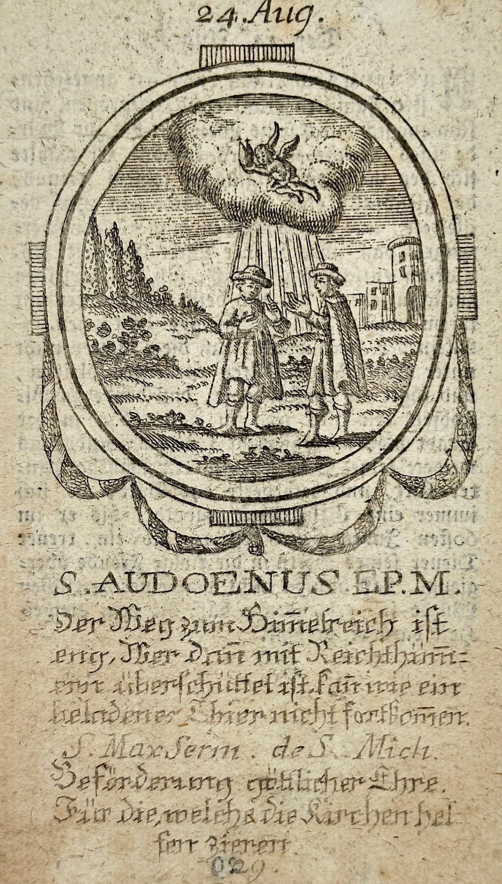 Franz Xavier Weninger (1805–1888) – Religious Devotional Card of Saint Audoenus – Engraving: S. AUDOENUS EP.M. depicts Saint Audoenus in a landscape with a castle in the background, centrally framed within an oval with floral details. This devotional work includes German text detailing religi