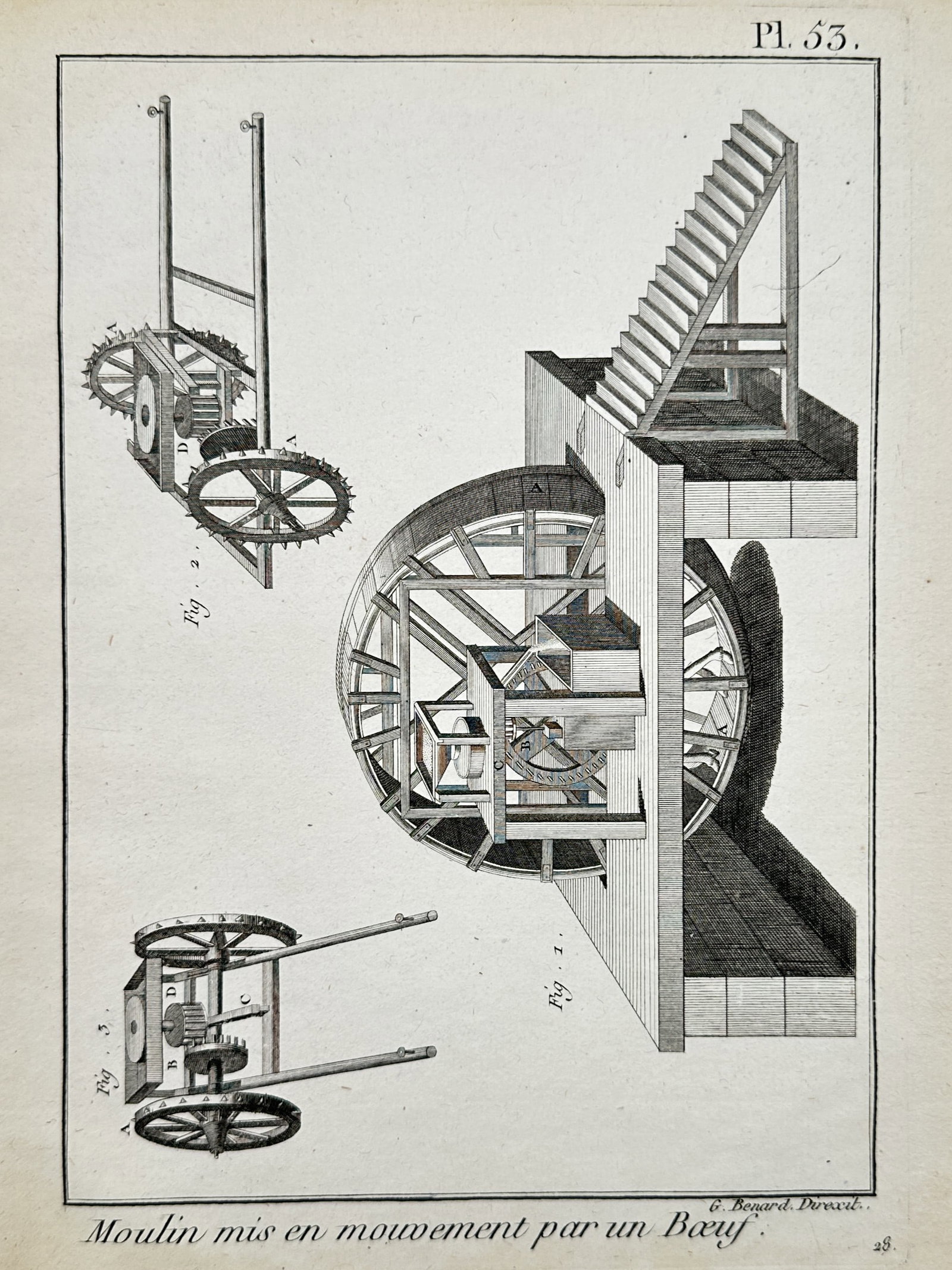 Robert Benard (1734-1785) – Technical Illustration of an Ox-Driven Mill – Engraving (18th: "Moulin mis en mouvement par un Bœuf" illustrates a mechanical system designed to power a mill using the force of an ox, featuring a large circular frame, gear mechanisms, and a staircase structure.