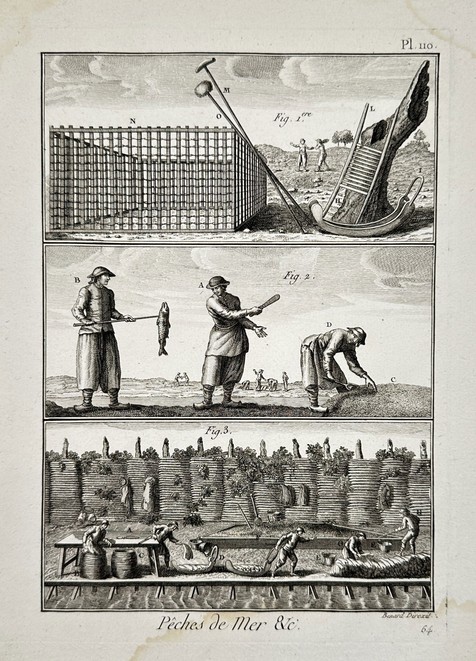 Robert Benard (1734-1785) – Illustration of Sea Fishing Methods – Engraving (18th Century): "Pêches de Mer & c." illustrates sea fishing practices, including large coastal enclosures or weirs for trapping fish, manual sorting of the catch, and shoreline work. This engraving originates from