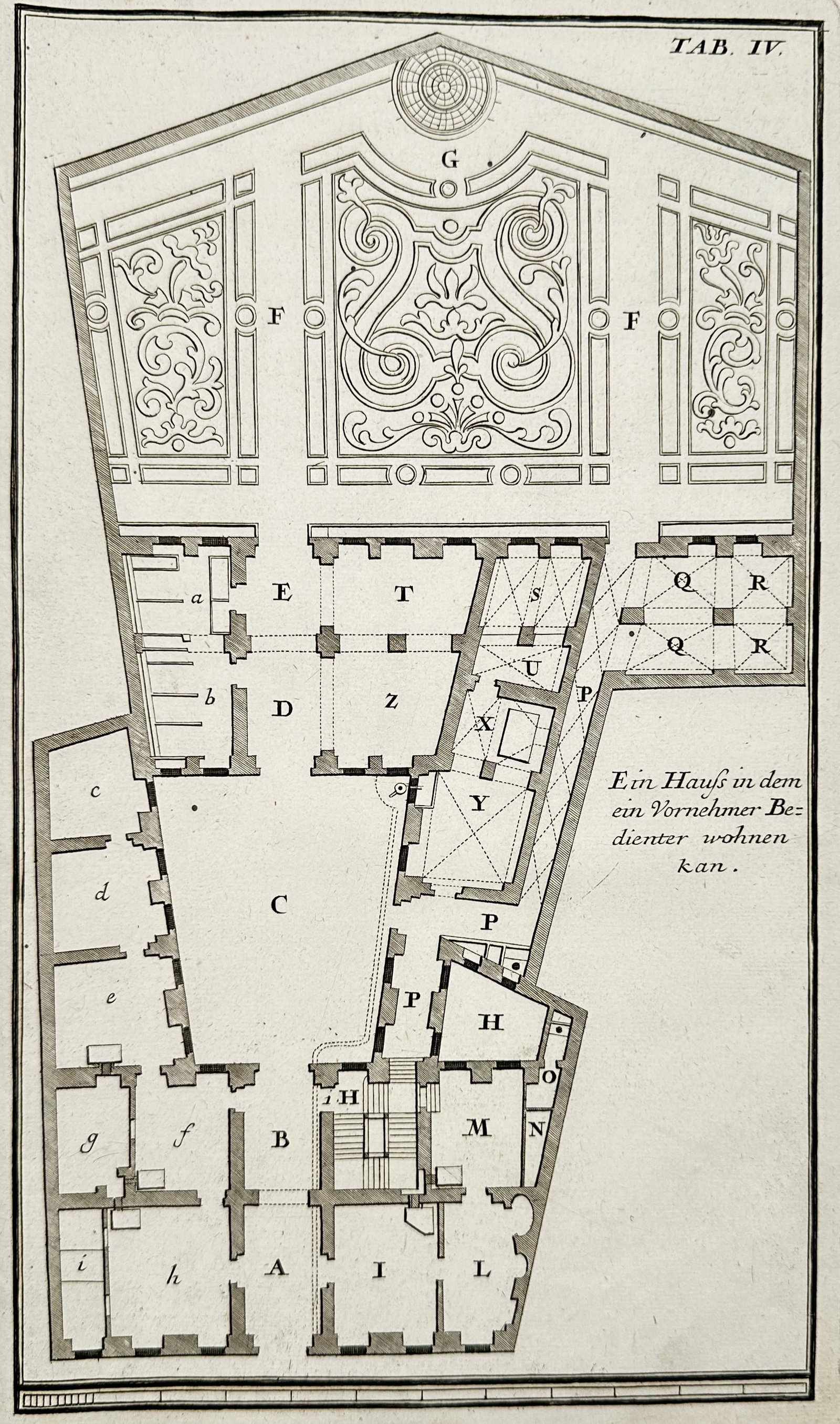 Leonhard Christoph Sturm – Architectural Study of Residential Floor Plan – Engraving (18th: "Ein Hauß in dem ein Vornehmer Bedienter wohnen kan" displays the floor plan of a residential building, detailing the layout of various chambers, stairwells, and structural walls. This technical engr