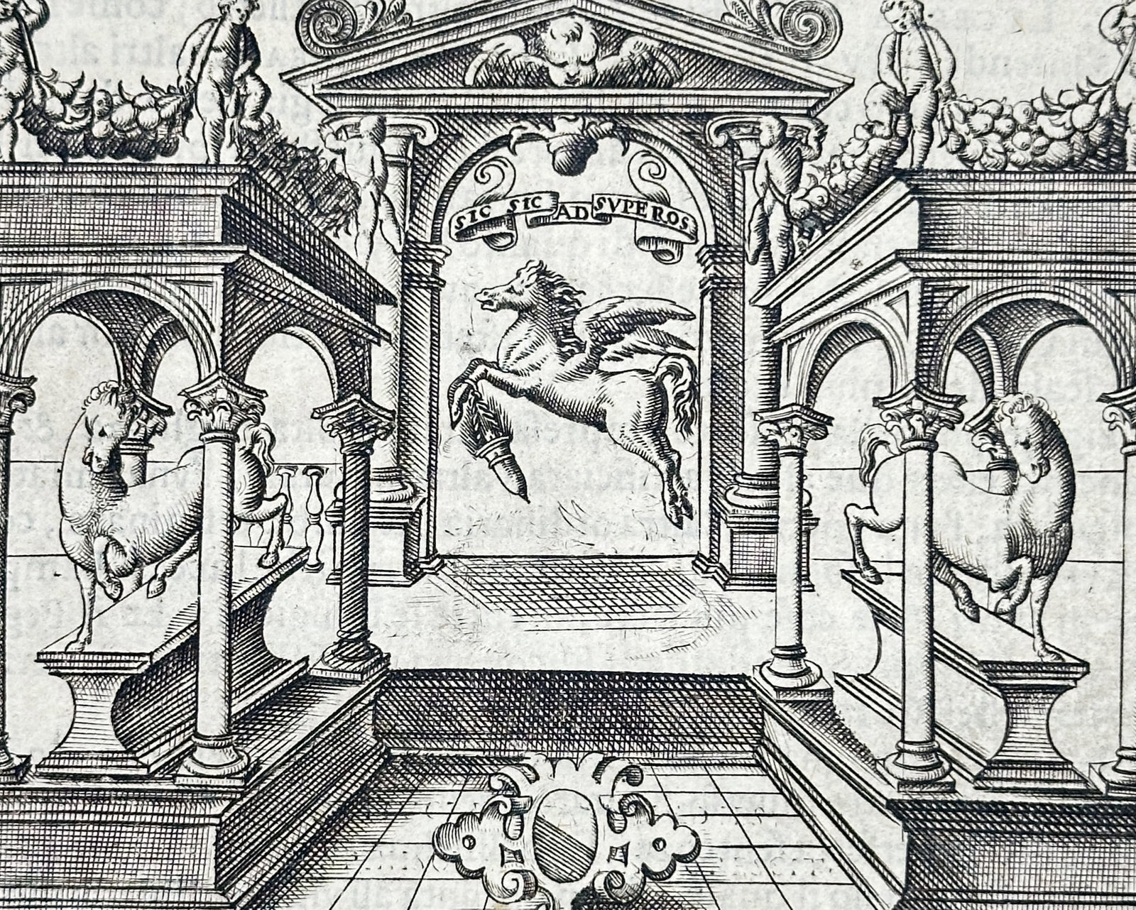 Girolamo Ruscelli (1518-1566) – Emblem of Giovanbattista Cavallara – Engraving (1566): Giovanbattista Cavallara features an architectural scene with a winged Pegasus situated within a central archway, flanked by columns and pedestals. This print is from a sixteenth-century publication f