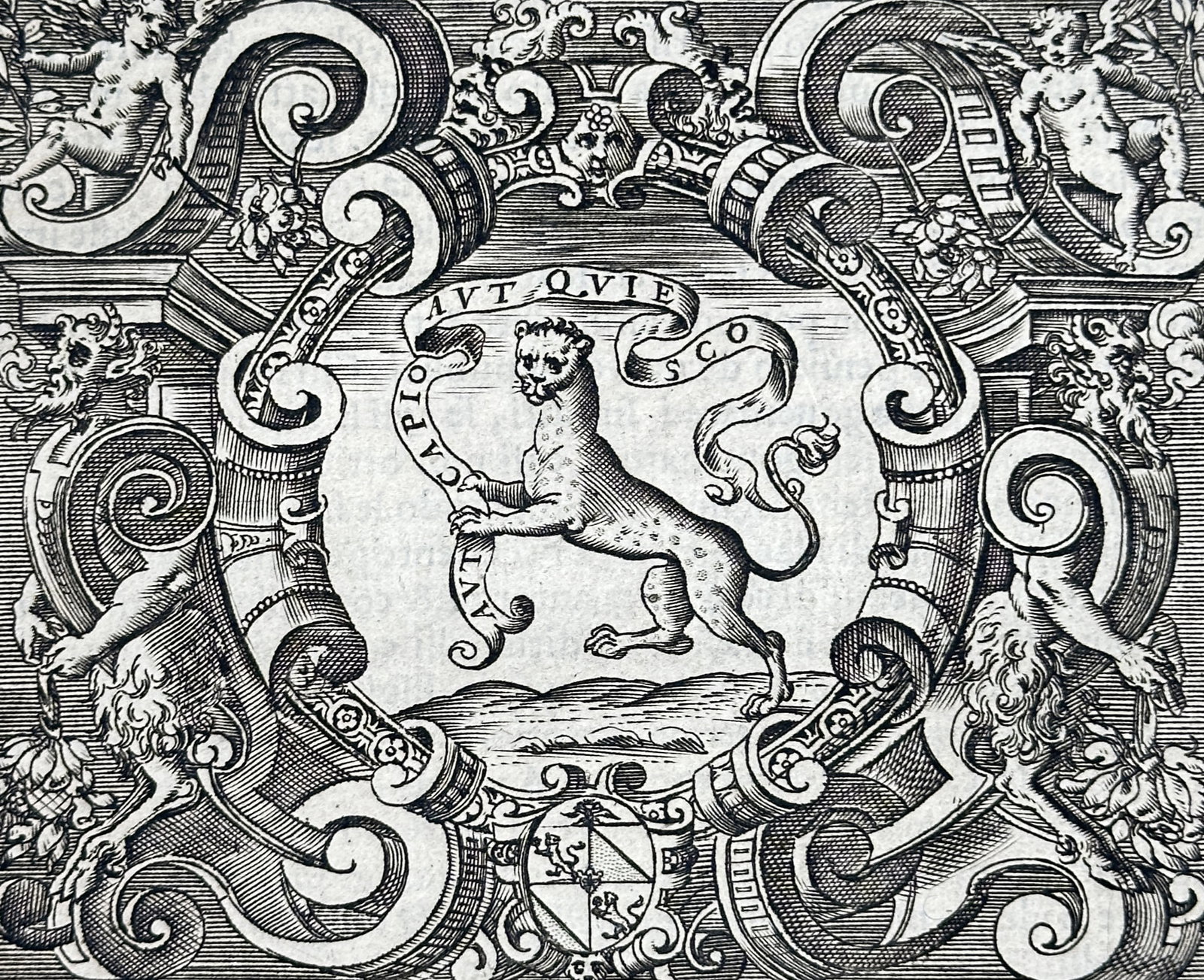 Girolamo Ruscelli (1518-1566) – Emblem of Iacomo Soranzo – Engraving (1566): "Iacomo Soranzo, Cavaliere, et Procvrator di S. Marco" features a central emblem of a feline figure holding a scroll, enclosed by an ornate, symmetrical border decorated with figures and scrollwork. T