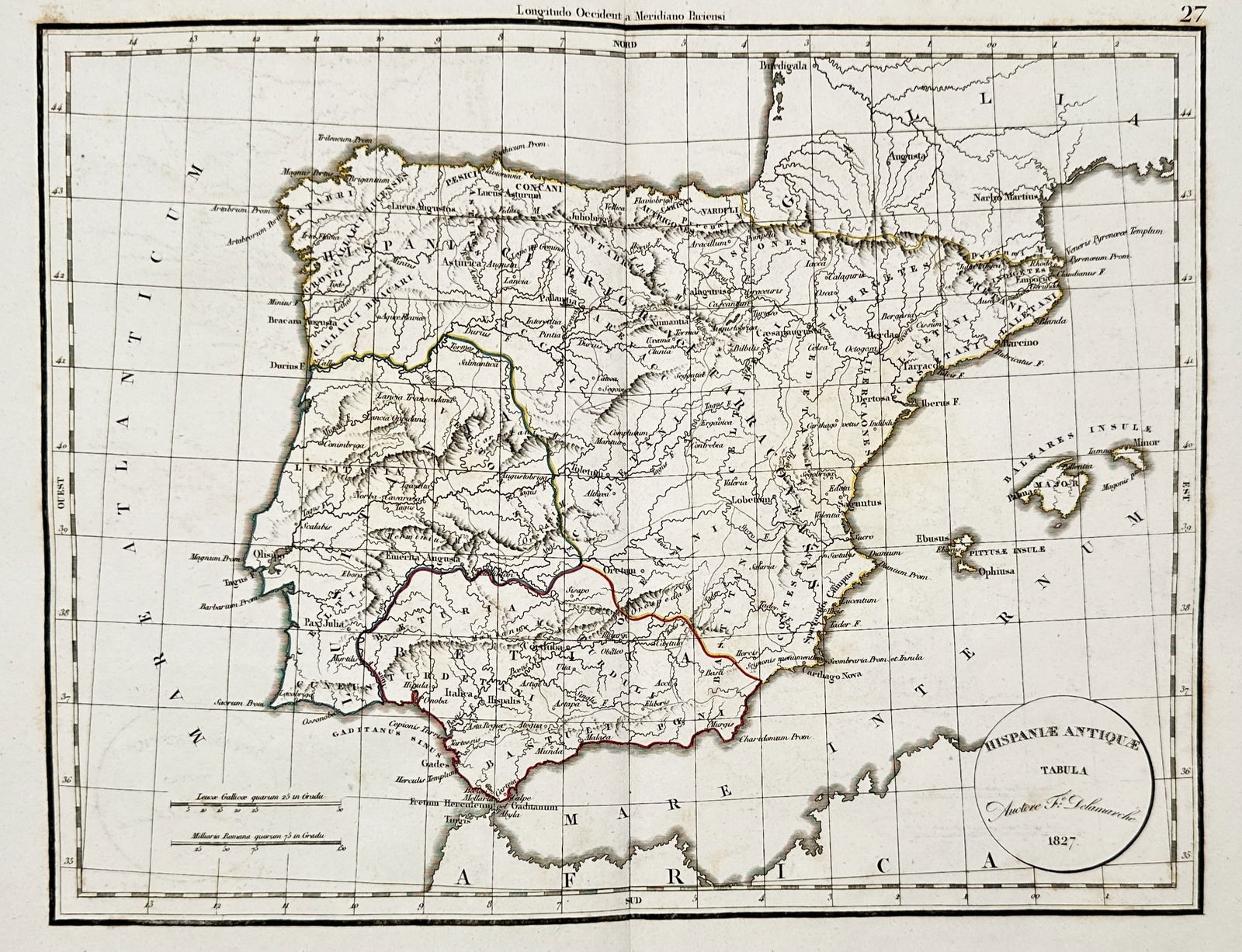 Felix Delamarche (1789-1830) – Map of Hispaniae Antiquae – Spain – Engraving (1827): Hispaniae Antiquae Tabula depicts the ancient geography of the Iberian Peninsula, including topographical features, regional divisions, and maritime boundaries. This engraving was published in Paris i
