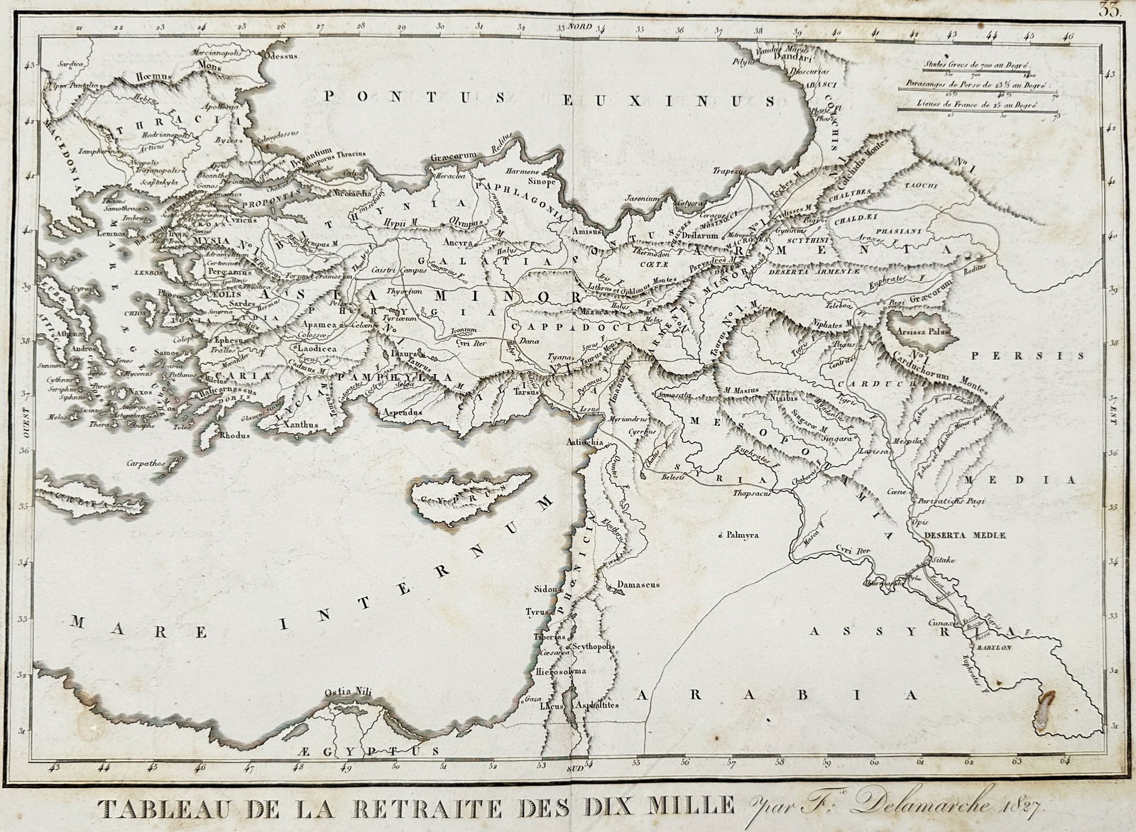 Felix Delamarche (1789-1830) – Map of the Retreat of the Ten Thousand – Asia Minor – Engraving (1 of 2)